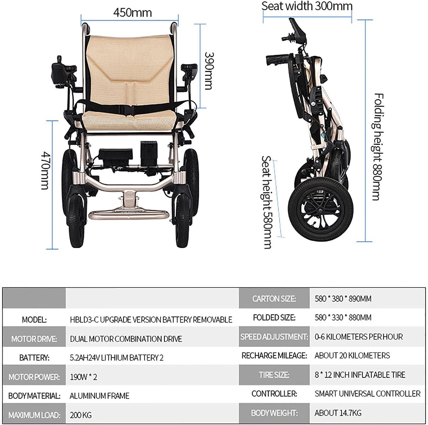 Silla de ruedas eléctrica: diseño ligero plegable, sistema de control doble, rango de batería de 12 millas para personas mayores y discapacitadas