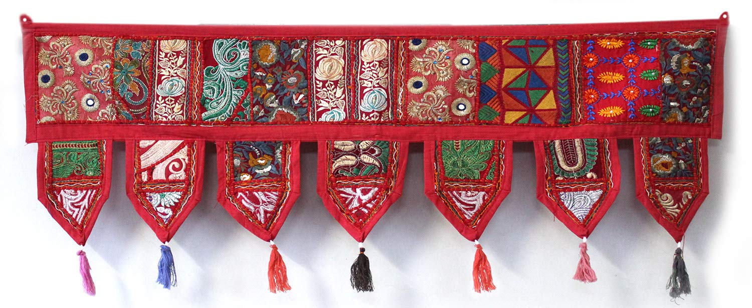 INDIAN CRAFT CASTLECotton Vintage Patchwork Door Hanging Valance Window Hand Embroidered Toran Bohemian Decor Living Room Wall Home Handmade Thoranam Bandanwar Decorations (Red, 2 Meter)