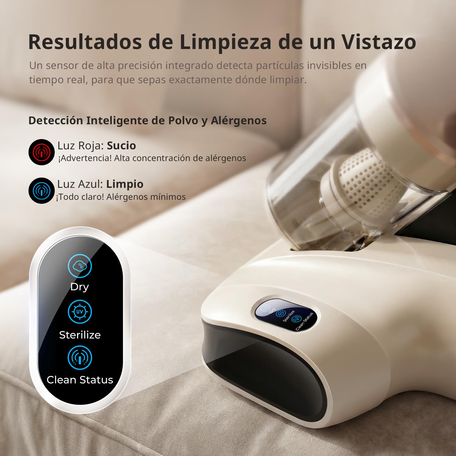 JIGOO S100 Aspirador de ácaros, Aspiradora Antiacaros para colchones con Sensor de ácaros, Pantalla LED, vibración, luz UV, ultrasonido, Elimina 99.9%, Especial Alergias, para Colchones y Sofás
