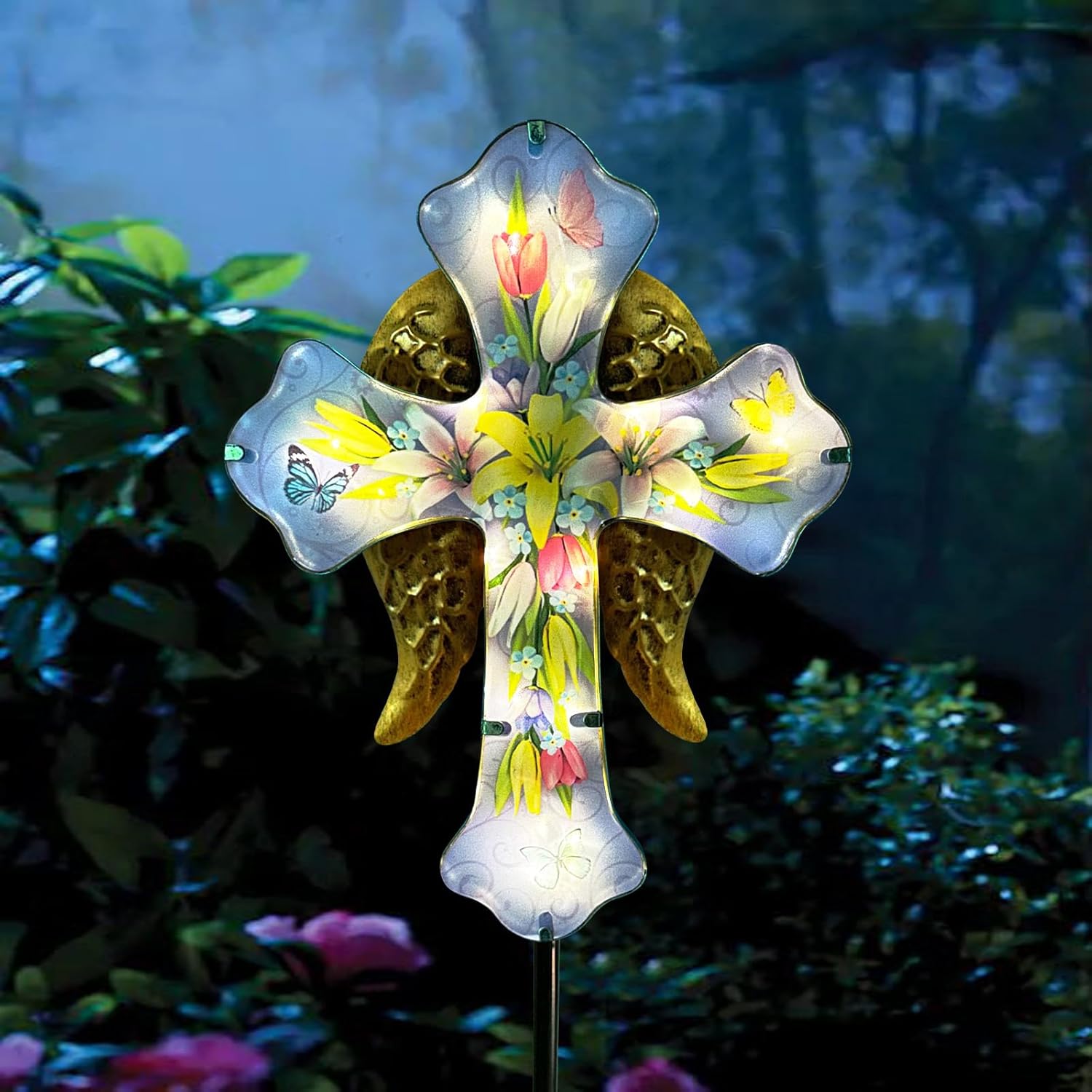 Solar Cross Garden Stake Lights,Metal Angel Wing & Acrylic Flowers Cross Solar Christmas Lights Outdoor,Waterproof Memorial Garden Decor for Cemetery,Grave,and Remembrance Gifts