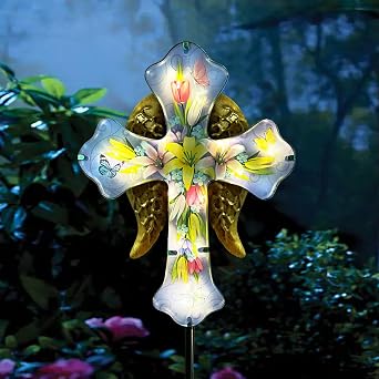 WAIU Metal Angel Wing Acrylic Flower Solar Cross Garden Stake Lights, Waterproof Outdoor Cemetery Memorial Christmas Grave Decor Gift