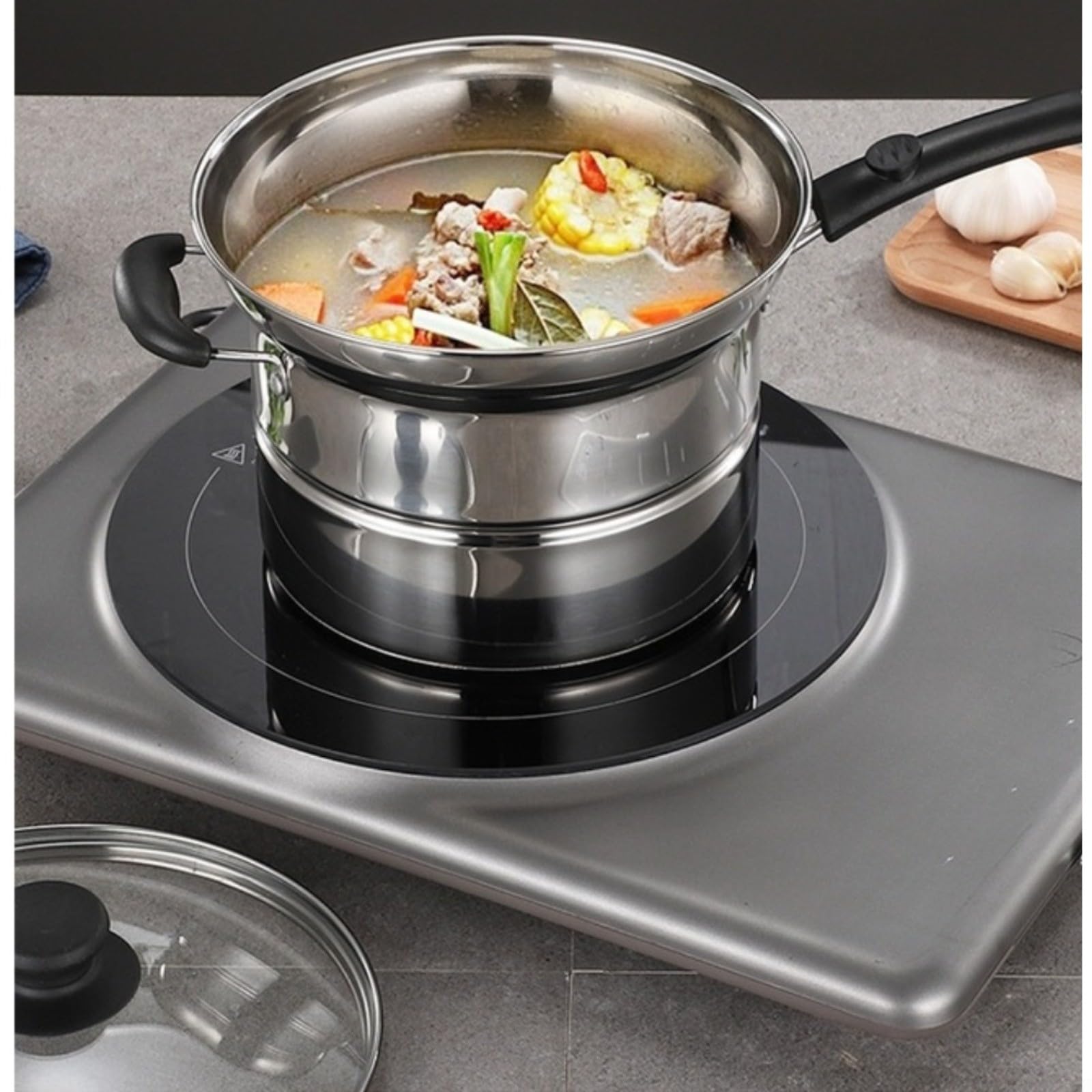 Olla de vapor de acero inoxidable con mango plegable, base de 3 capas para inducción y gas, cocina multifuncional para cocina doméstica, color plateado