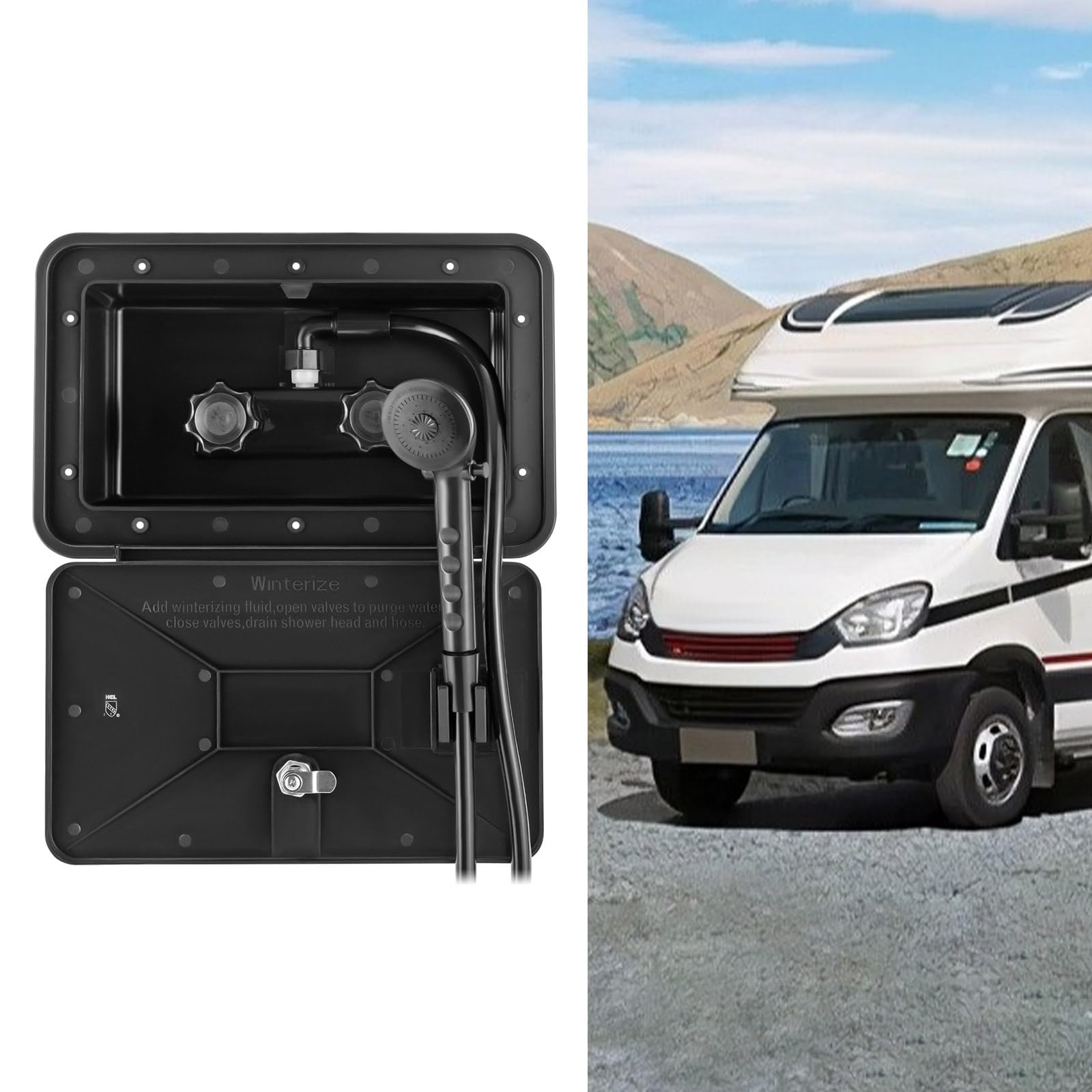 RV - Caja de ducha exterior con interruptor de frío/calor, cabezal de ducha, manguera, caja de ducha para barcos, caravanas, caravanas, autocaravanas