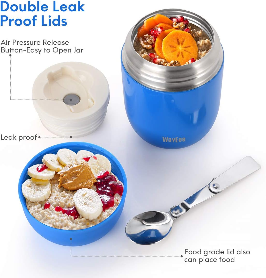 Diagram showing the WayEee food jar with its double leak-proof lids, air pressure release button, and the outer lid used as a bowl.