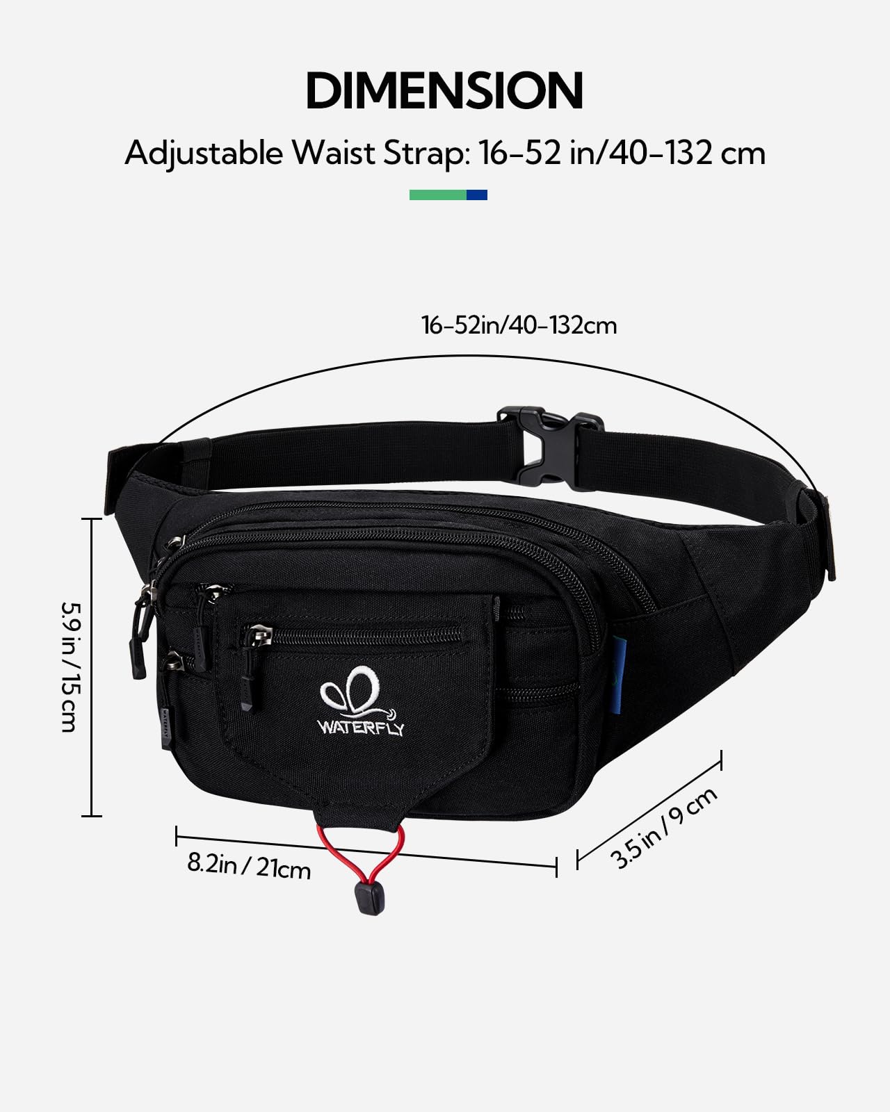 WATERFLY Bauchtasche Gürteltasche Damen und Herren Sport Hüfttasche für Laufen Fitness Joggen Wandern (Schwarz)