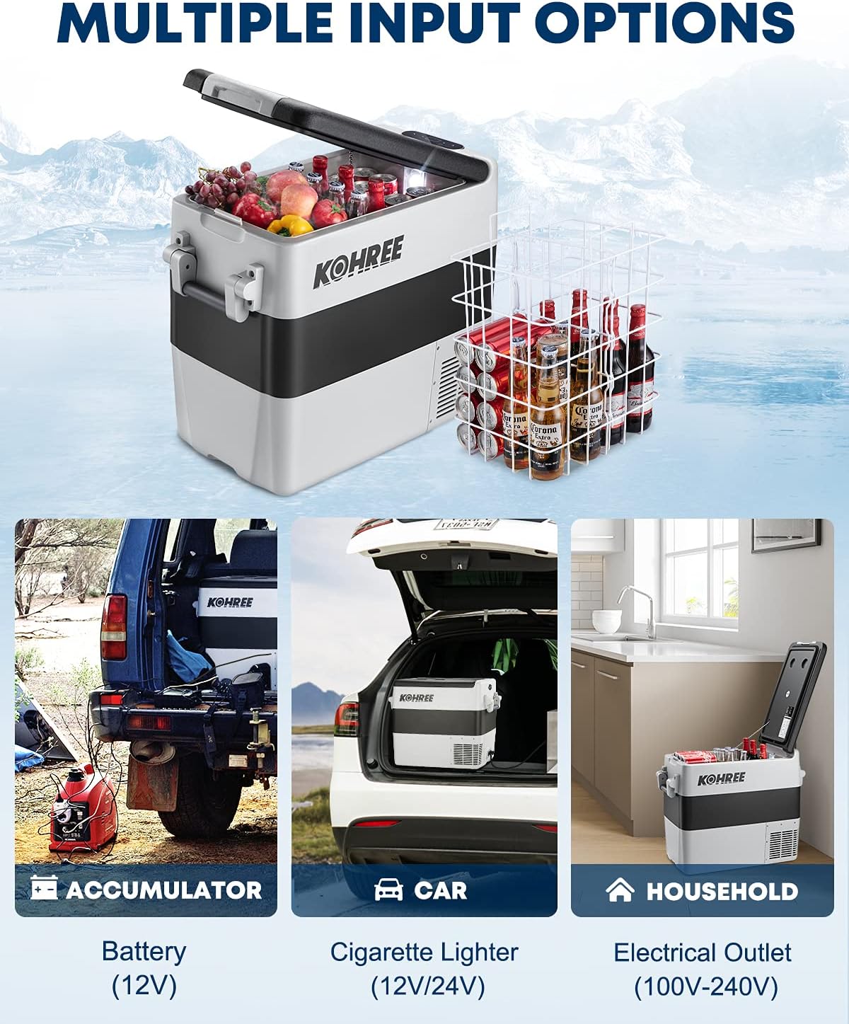 Kohree 12 Volt Refrigerator Portable Car fridge 53 Quart (50L) Dual Zone Fast Cooling Freezer (-4℉-50℉), Travel Electric Coolers for Truck, Vehicles, RV, Camping, Boat and Household-12V/24V DC and 110V/240V AC: Automotive