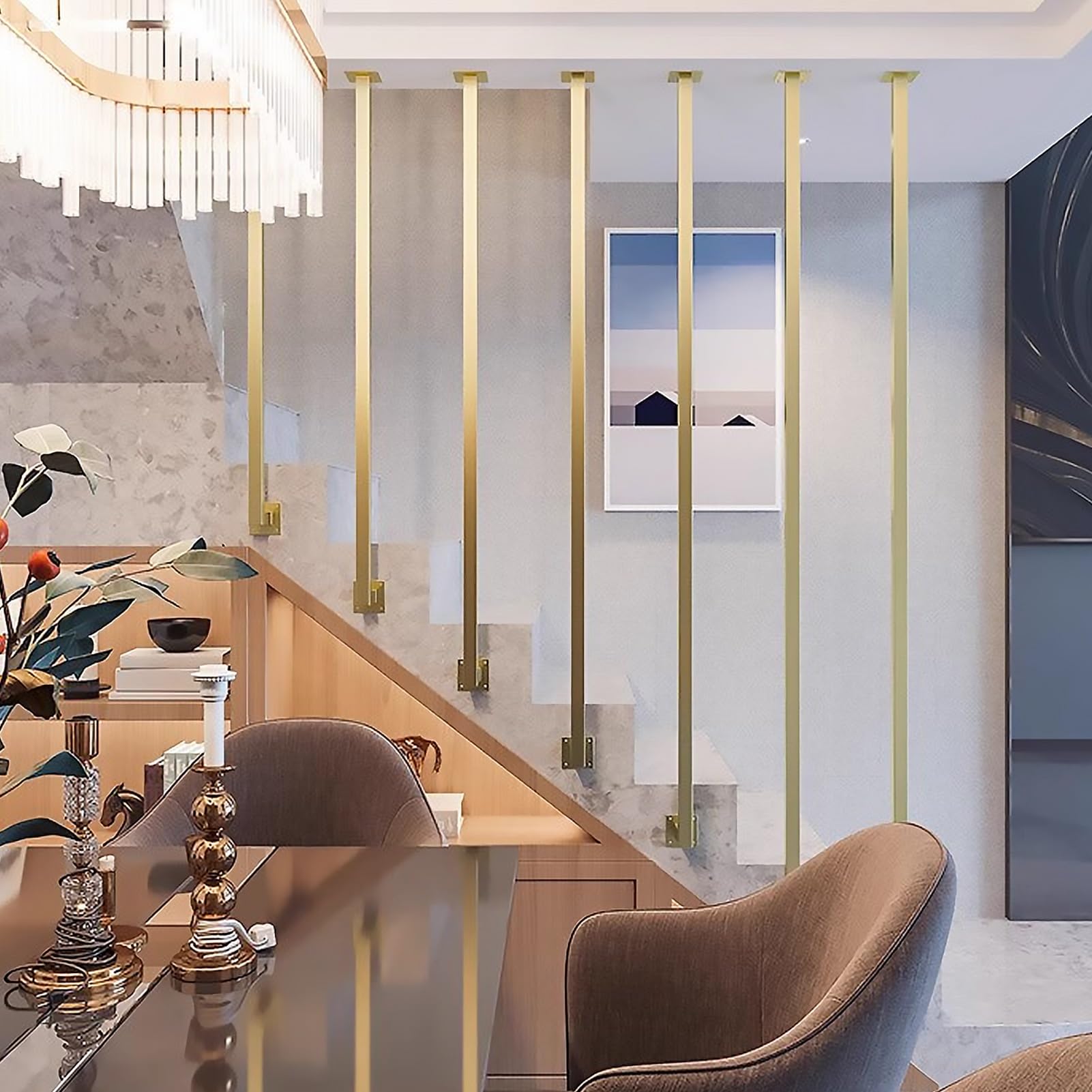 Modern L-Type Stair Railing, Gold Wrought Iron Staircase Banister Handrail Safety Non-Slip Guardrails for Elderly Kids - Indoor Corridor Attic Step Fence - Square Pipe(1.6 FT)