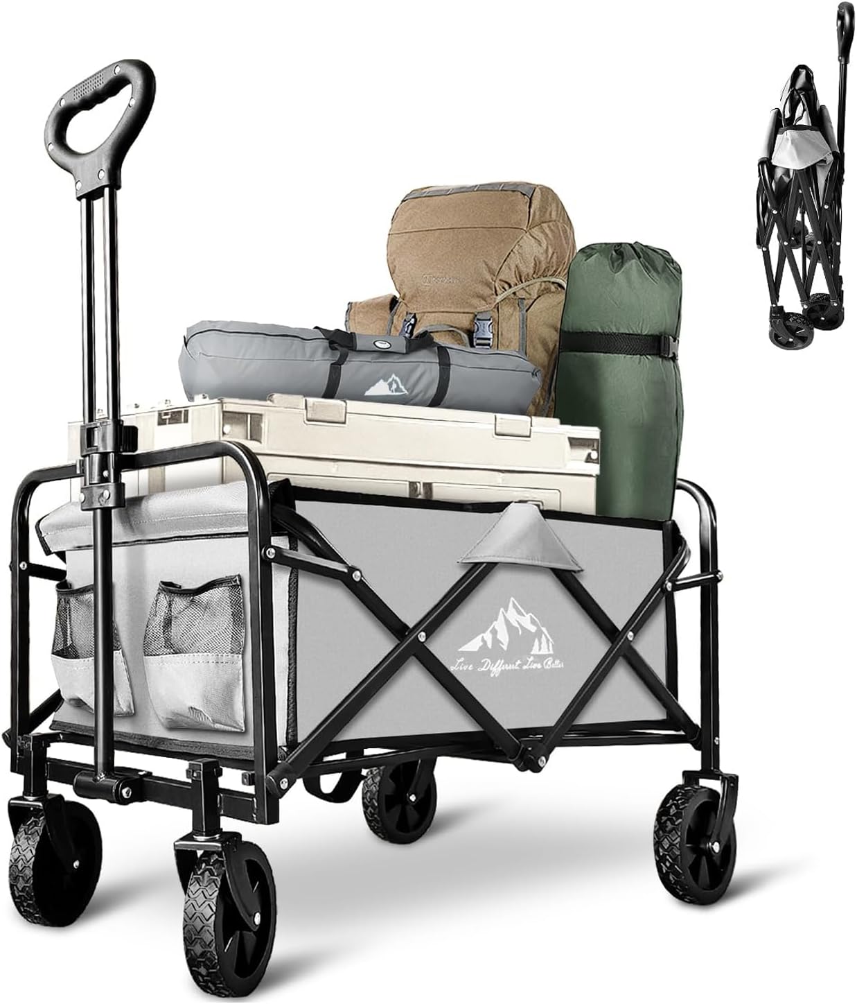 Collapsible Wagon with Quiet Wheels - Silent Grocery Shopping Cart for Seniors, Foldable Utility Cart for Laundry & Apartment, Washable Heavy Duty Rolling Wagon with Two Mesh Pockets, Black