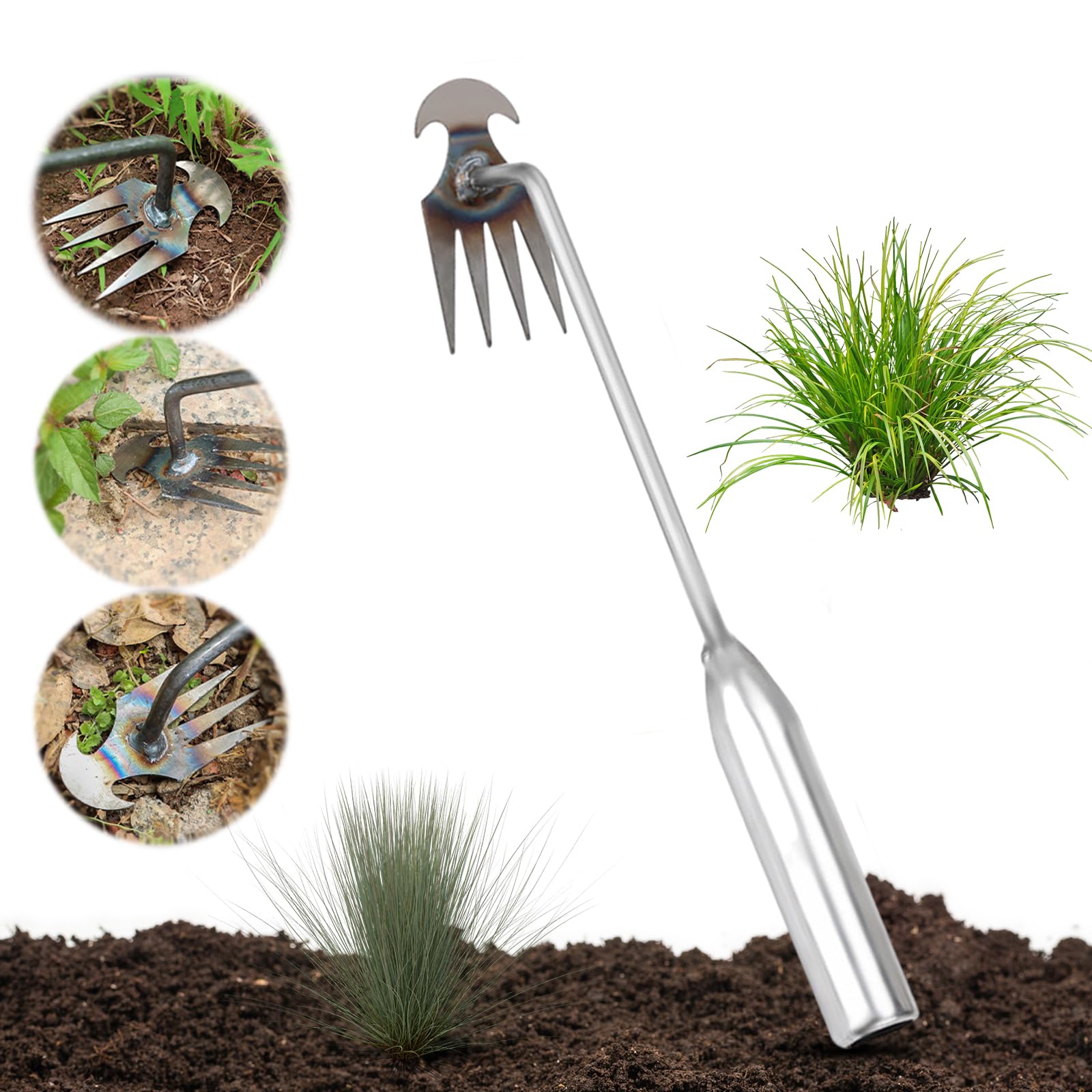 2024 New Weeding Artifact Uprooting Weeding Tool, 4 Teeth Dual Purpose Hand Weed Puller Tool with Long Handle, Manganese Steel Forged (30 cm, Sliver)