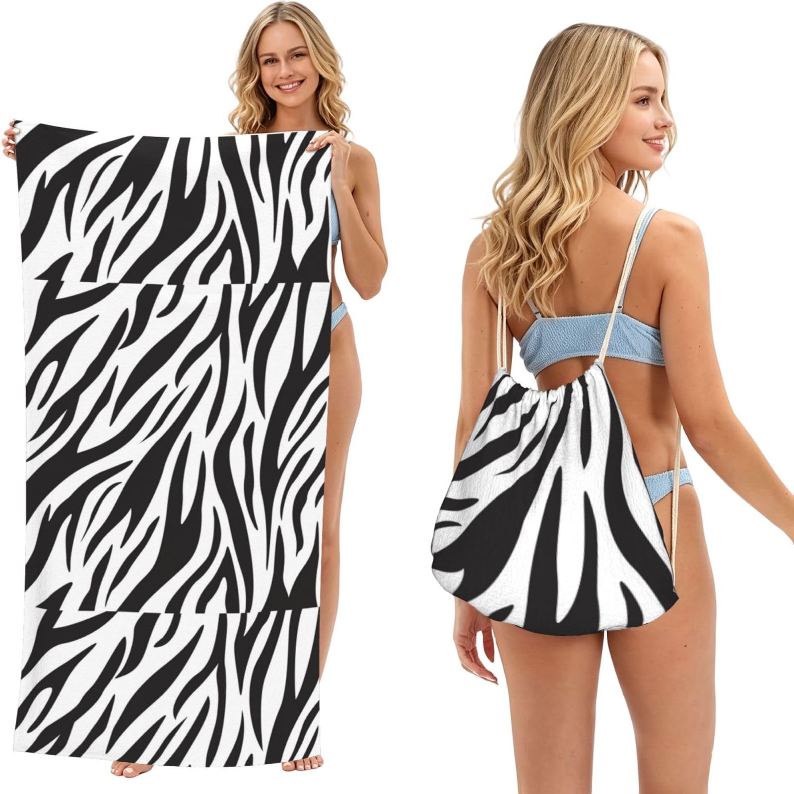 Poadnly As Picture Zebra Print, 2 In 1 Packable Towel Bag, Beach Towels With Drawstring Backpack For Travel Holiday Camping