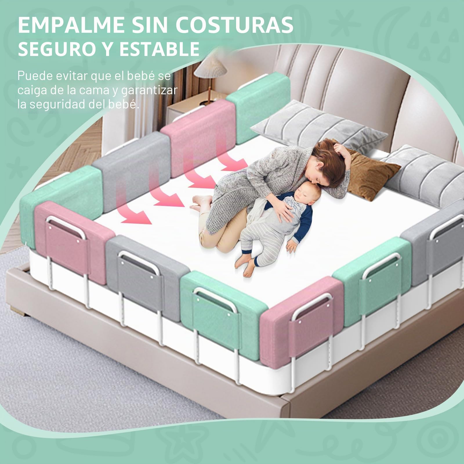 Barrera de Seguridad para niños – Barrera de Cama para niños con protección de Bordes, Seguridad para Cama Infantil, Altura Ajustable 40-60 cm, Desmontable, portátil, Verde, 60cm