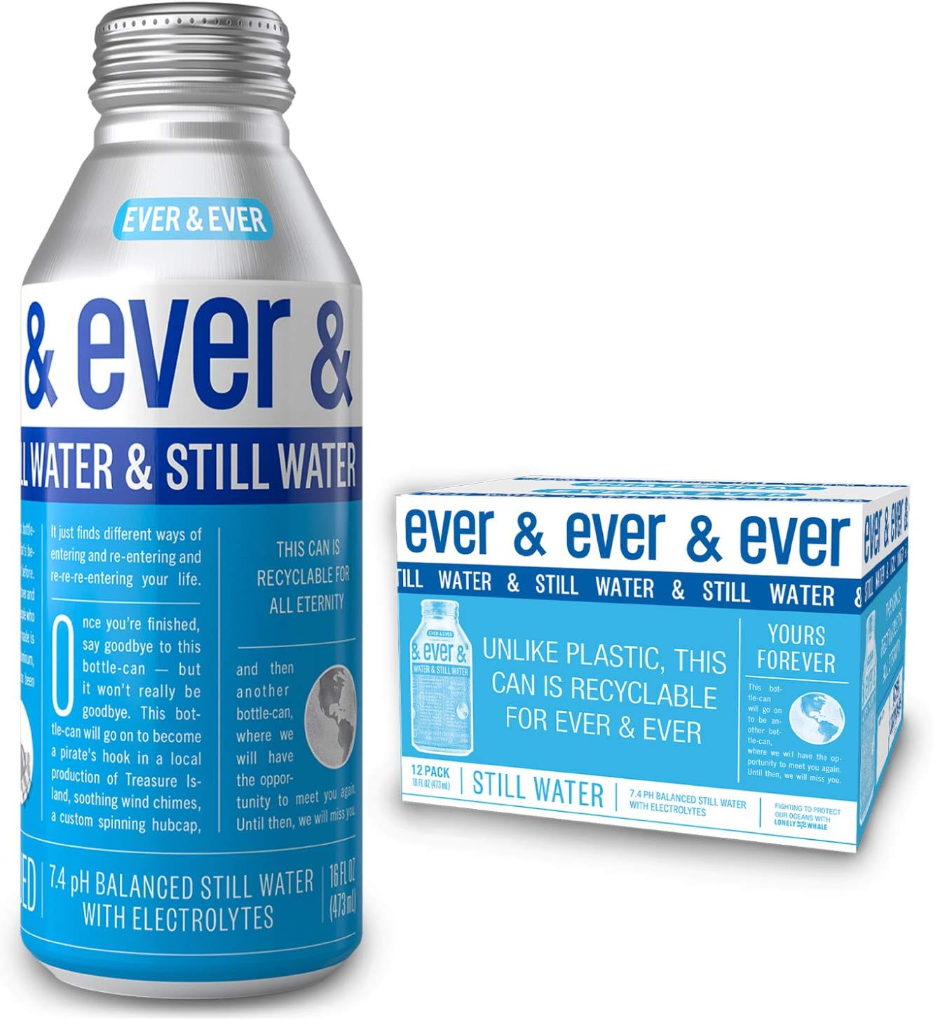 Still Water by [ Ever and Ever ] Aluminum Bottled | Reverse Osmosis Still Water | 7.4 pH Balanced with Electrolytes | RECYCLABLE FOR ALL ETERNITY | 16 oz Bottle-Cans (Pack of 12)