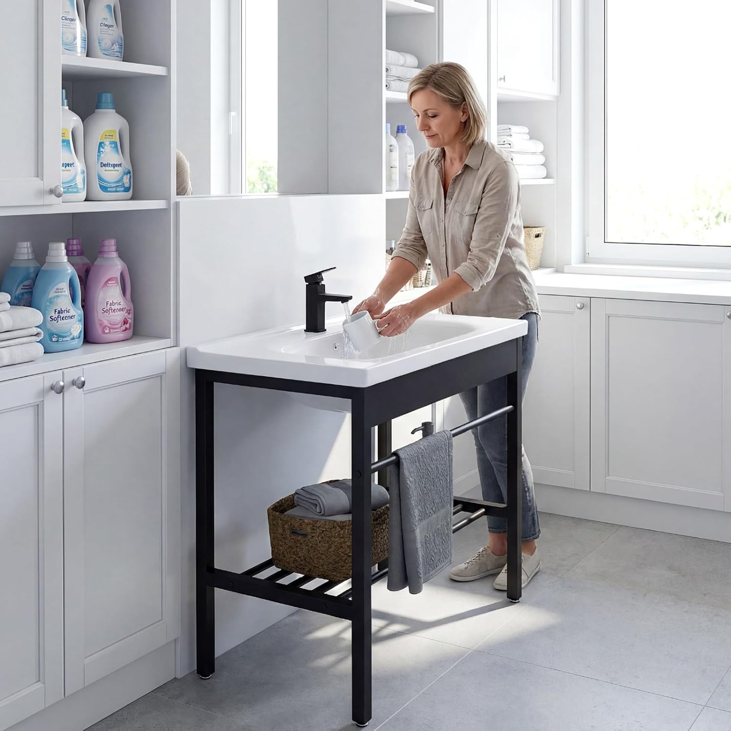 Freestanding Bathroom Console Sink, Bathroom Vanity with Sink, 28.3" x 19" x 32.3" Ceramic Console Sink Set With Bracket, Utility Sink for Laundry Room, Washing Room, Garage, Basement, Outdoor, Indoor