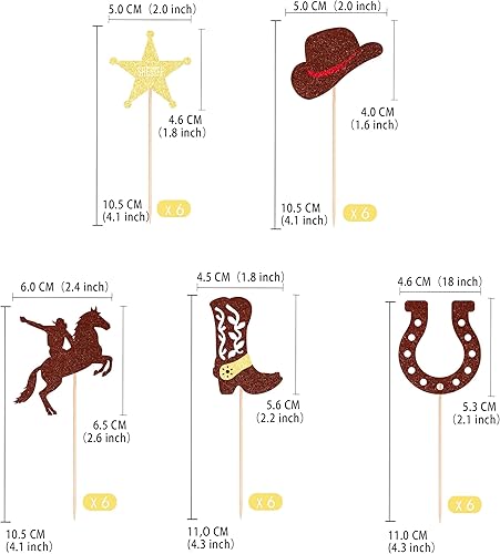 Miniatura 2 de Gexolenu 30 piezas de adornos para cupcakes de vaquero, 5 formas con purpurina de doble cara, zapatos de caballo de vaquero, botas para cupcakes