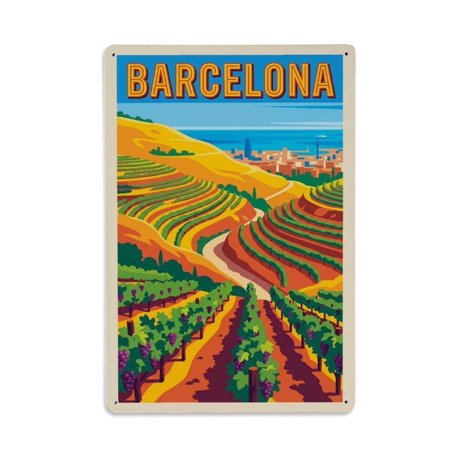 Vintage Travel Vineyard Spain Hillside Metal Tin Sign Plaque Wall Decor for Cafe, Club Bar, Office, Home Garden Metal Poster 8x12Inch