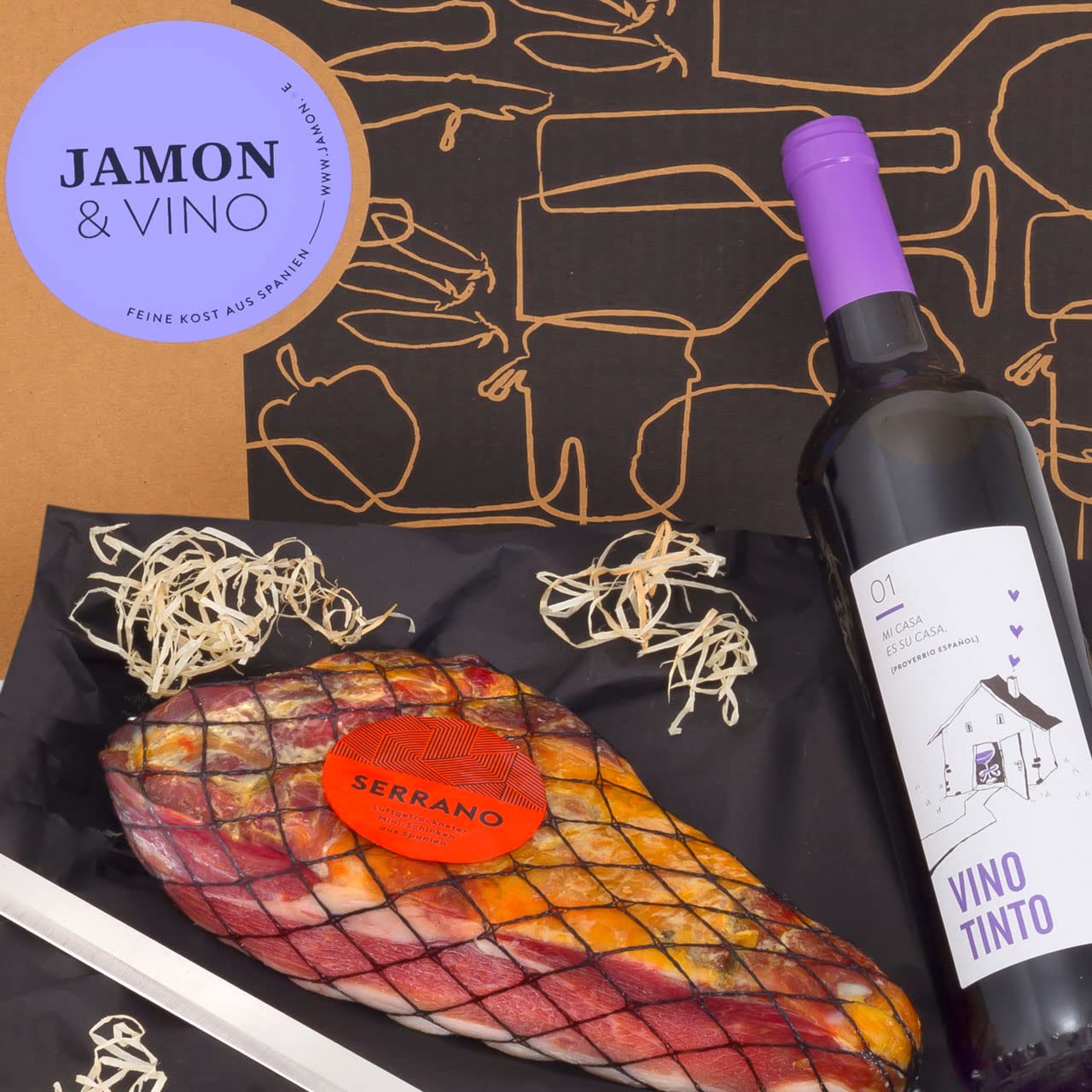 Delikatessen-Präsentkorb "Jamón & Vino" mit Serrano-Schinken & Rotwein aus Spanien - Inklusive Schinkenmesser - Geschenkfertig verpackt in der spanischen Geschenk-Box - von jamon.de