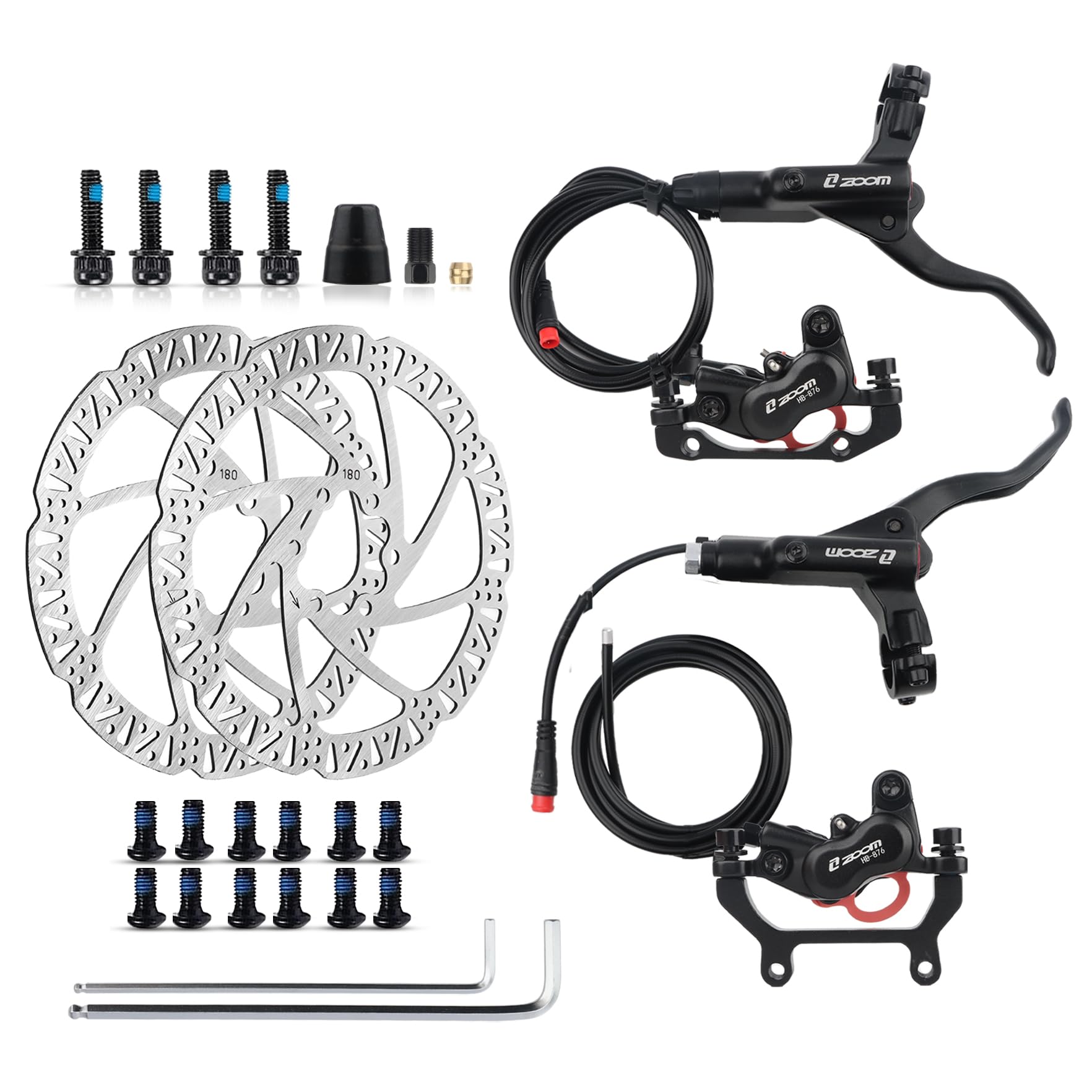 ZOOM Ebike Hydraulic Disc Brake Set: H876E 4-Pistons Power-Off Electric Bike Brake Kit with 2-PIN Sensor Included 160mm/180mm Rotors and Mounting