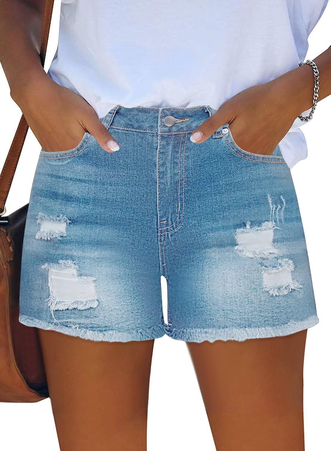 FEKOAFE Women’s 2025 Mid/High Waisted Ripped Jean Shorts Summer Stretchy Denim Shorts for Women