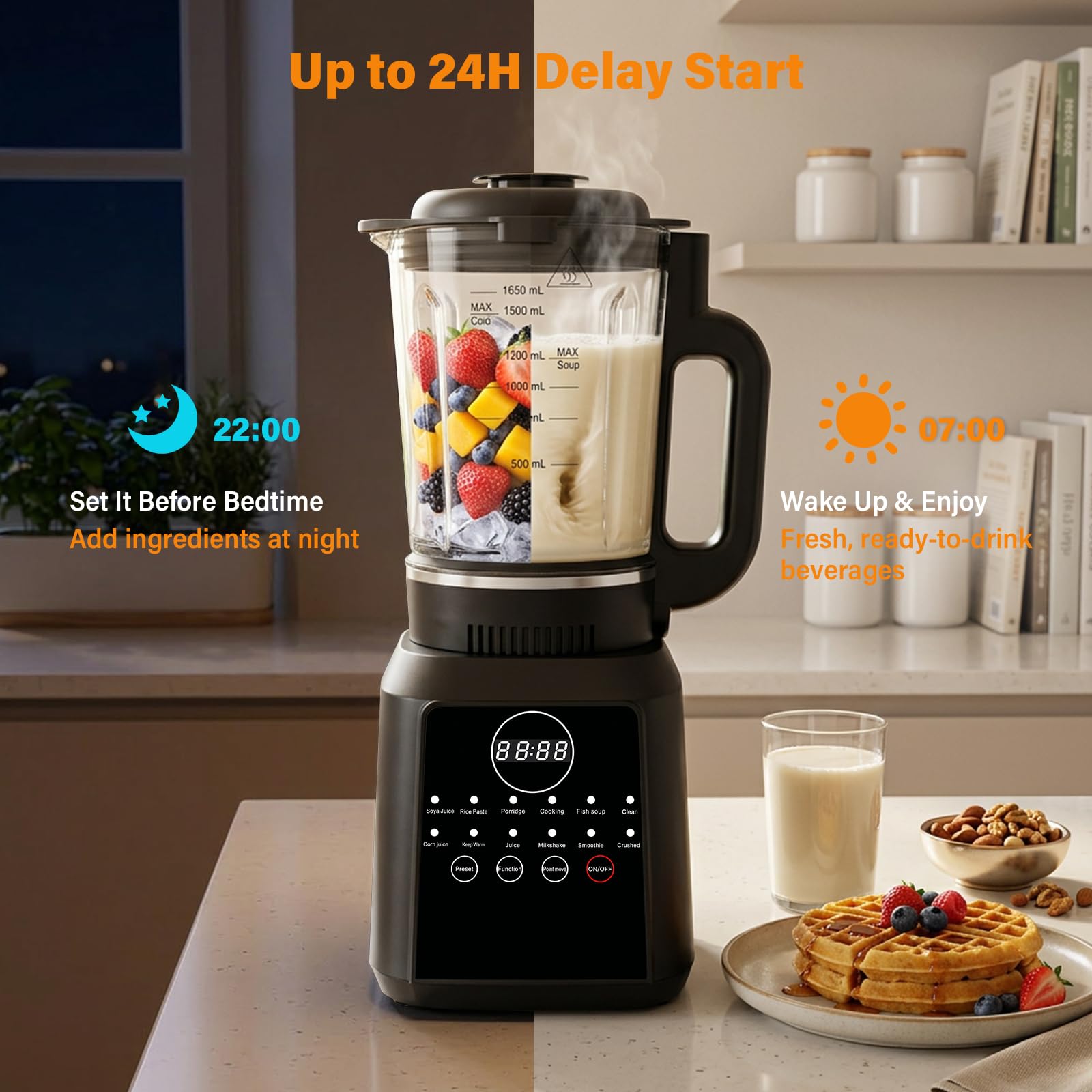 Suppenmixer 1,7L mit Heizfunktion, Glasbehälter und 14 Klingen | Heiß- und Kaltmixer mit 12 Programmen, Timer, Warmhalten und Selbstreinigung für Suppen, Smoothies und mehr