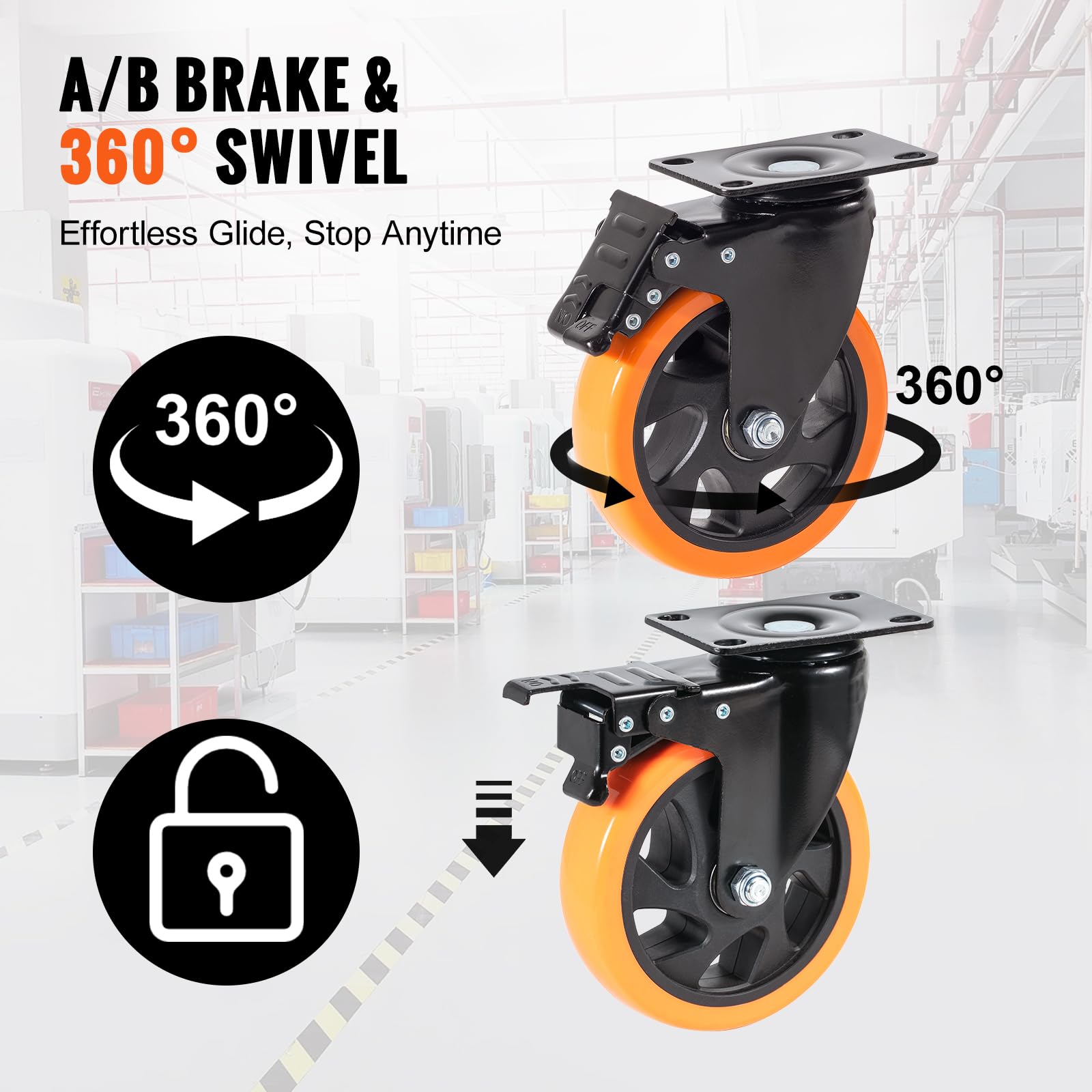 VEVOR Möbelrollen 4er-Set Lenkrollen PVC φ127mm Laufrollen 816kg Tragfähigkeit Transportrollen mit A/B-Bremsen Kastenrollen 360° Drehbar Schwerlastrollen für Häusern Büros Studios Fabriken