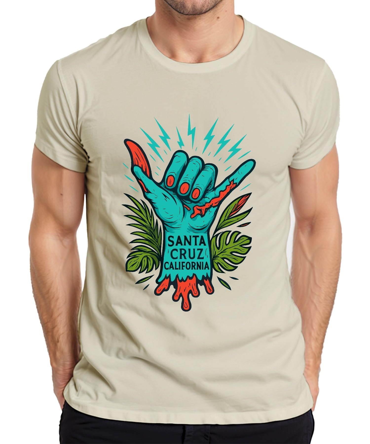 Printera Men's Natural Santa Cruz California Shaka Zombiehand Tropical Vintage Skate T-Shirt, M