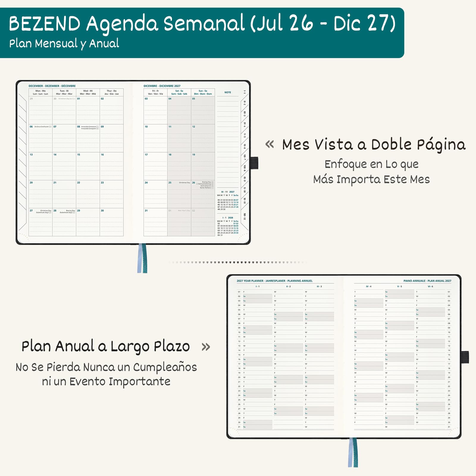 BEZEND Agenda Escolar 2026 2027 Semana Vista A5 Horizontal, 18 Meses de Jul.26 a Dic.27, Agenda Semanal 15,5 x 21 cm, Tapa Dura Cuero PU - Oliva