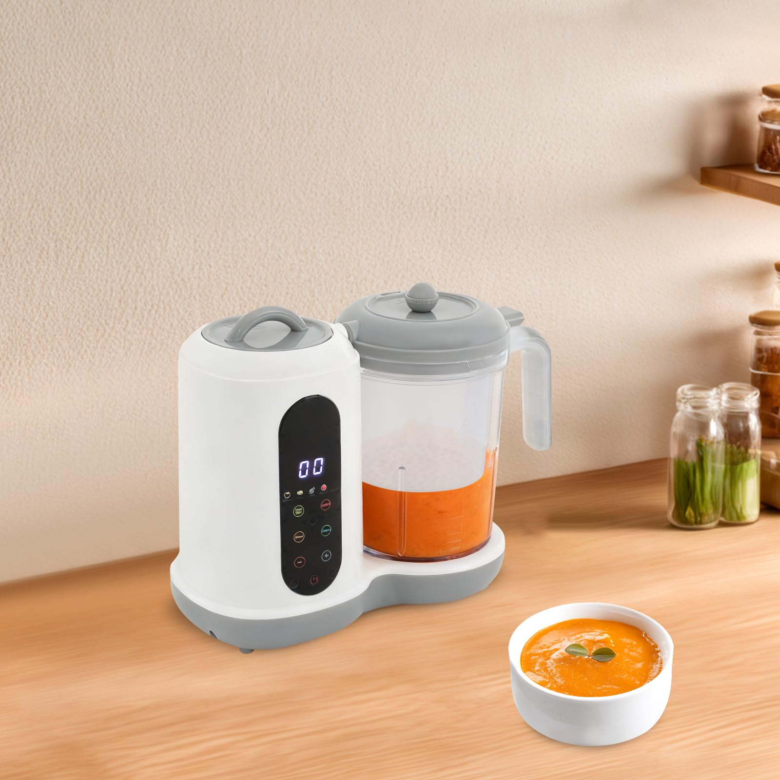 Multifunktions Mixer für Babynahrung, Gemüse und Obst, 450W Babynahrungszubereiter Dampfgarer & Zerkleinerer, 400ml Kapazität, Ideal für Familien, Kindergarten & Küche, Weiß