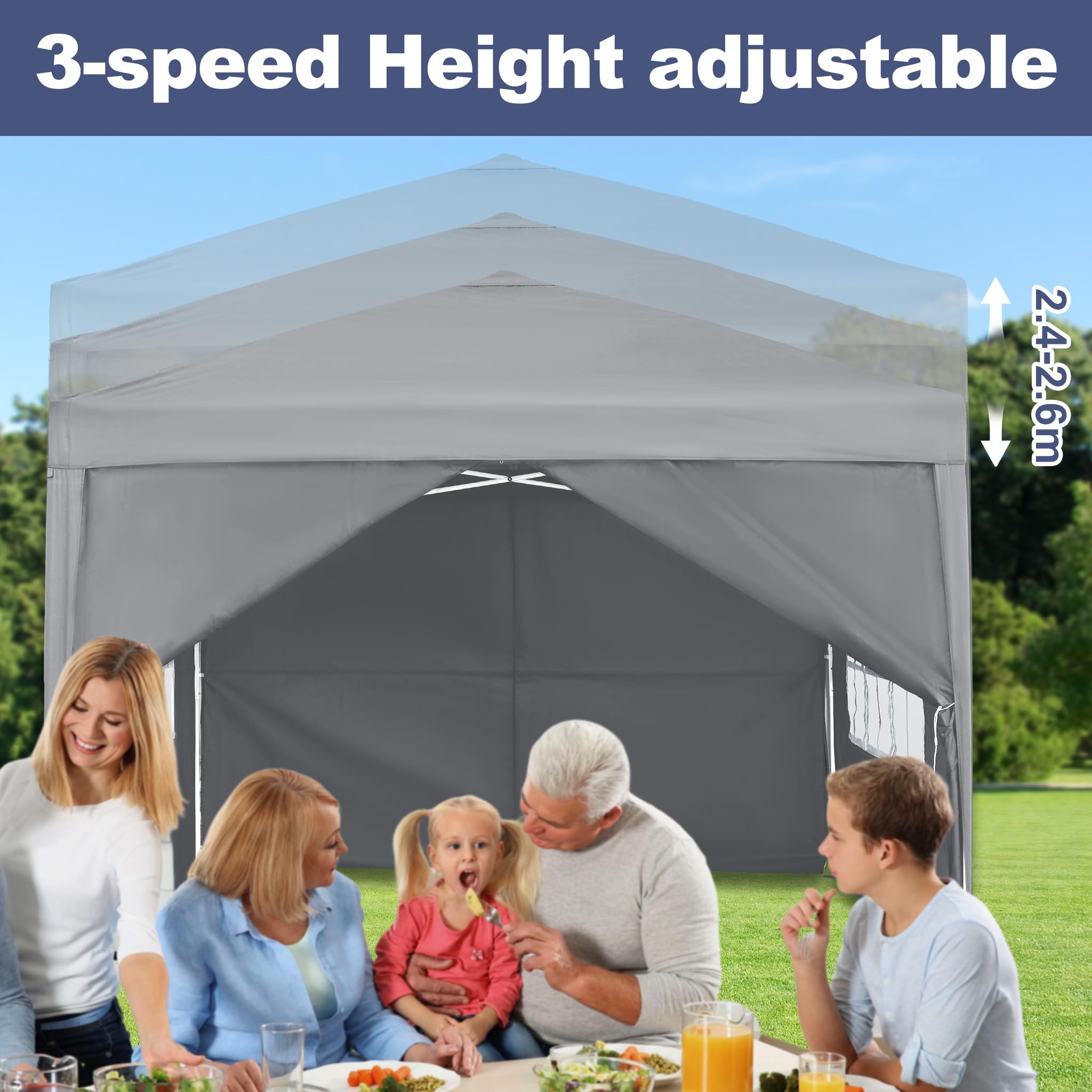 LZQ Pavillon Faltpavillon 3x3m Schnellaufbau Gartenpavillon Partyzelt Faltzelt mit 4 Seitenteilen, UV Schutz Höhenverstellbar für Garten, Strand, Party, Hochzeit, Festival und Camping, Silbergrau