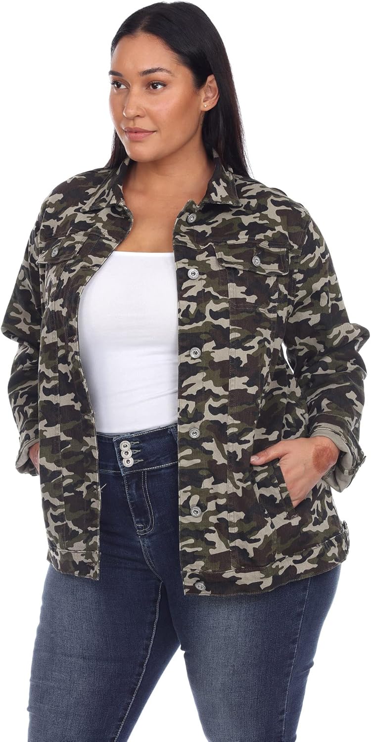 white mark Plus Size Women's Camo Denim Jacket