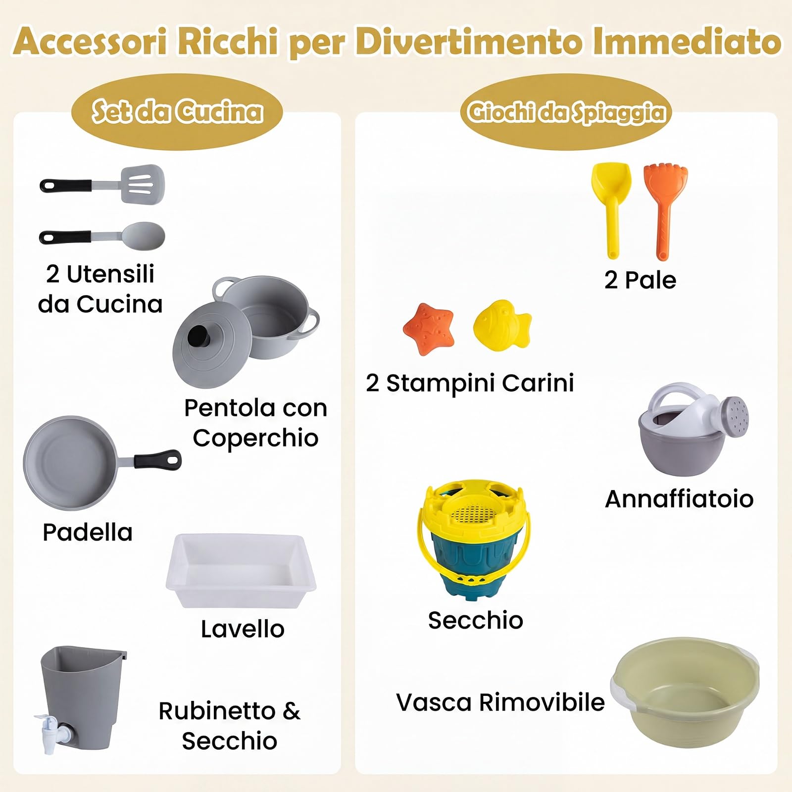 COSTWAY Cucina Giocattolo in Legno Massello per Bambini 3+ Anni, Cucinetta da Esterno per Giocare Sabbia, Acqua, Gioco Montessori con Piano Allungabile, Lavagna, Vari Utensili e Spazio di Stoccaggio