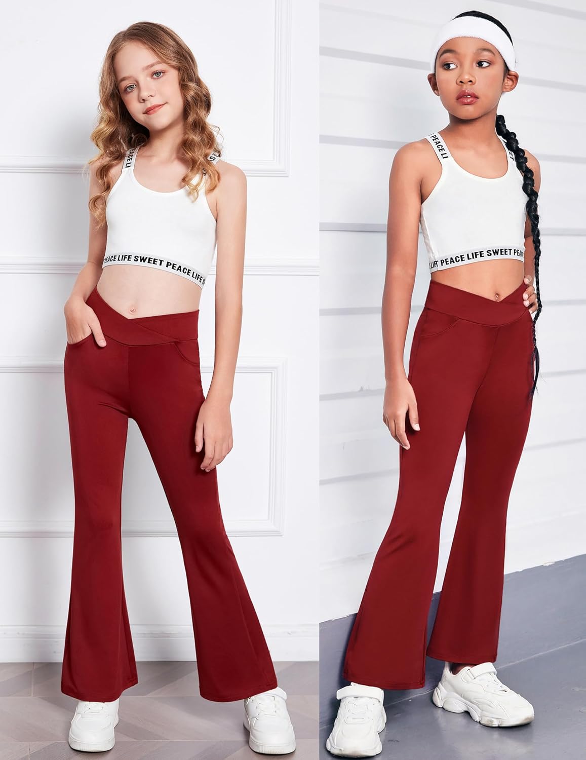 Zaclotre Girls Flare Leggings High Waisted V Crossover Casual Yoga Bell Bottoms with Pockets Pants for Kid - Image 5