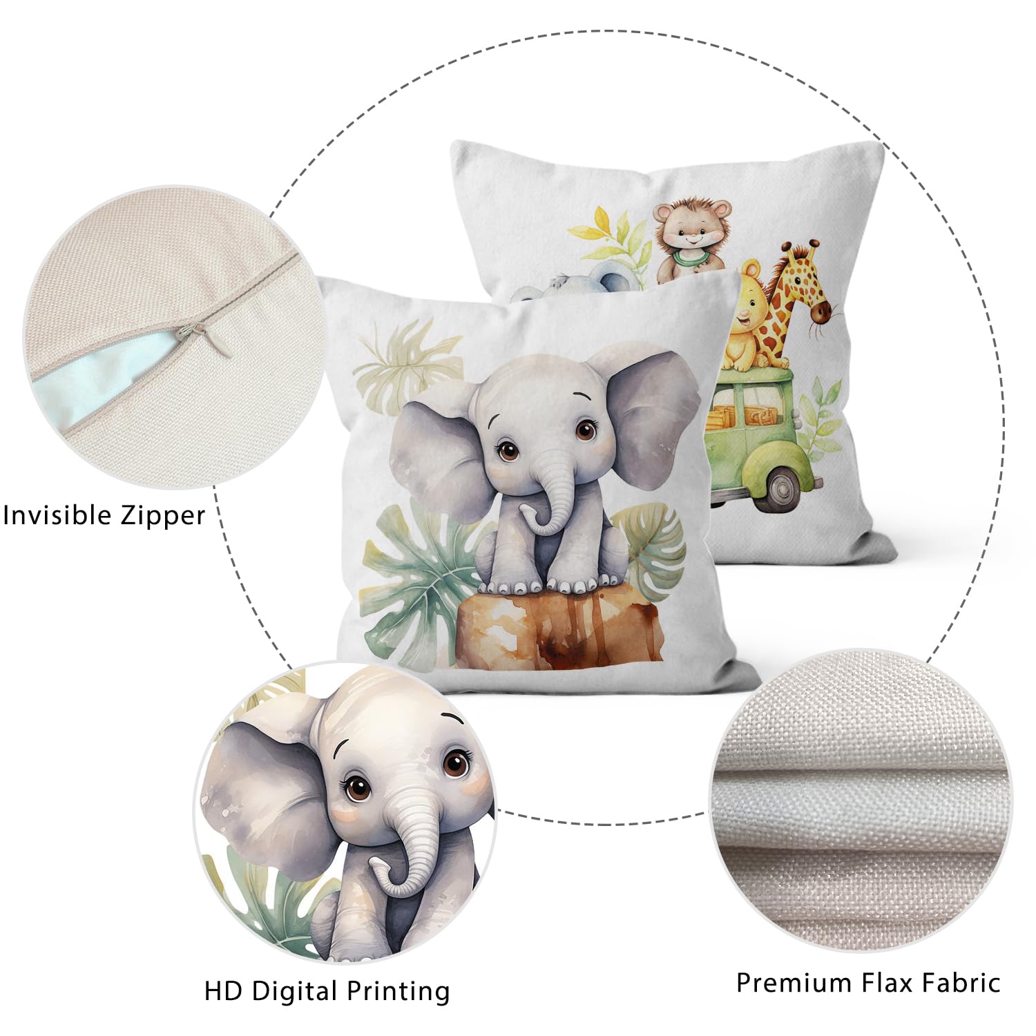 Housse De Coussin Enfant 40x40 Cm - Coton Bio, Motif éléphants Multicolores, Fermeture éclair - Décoration Chambre Bébé
