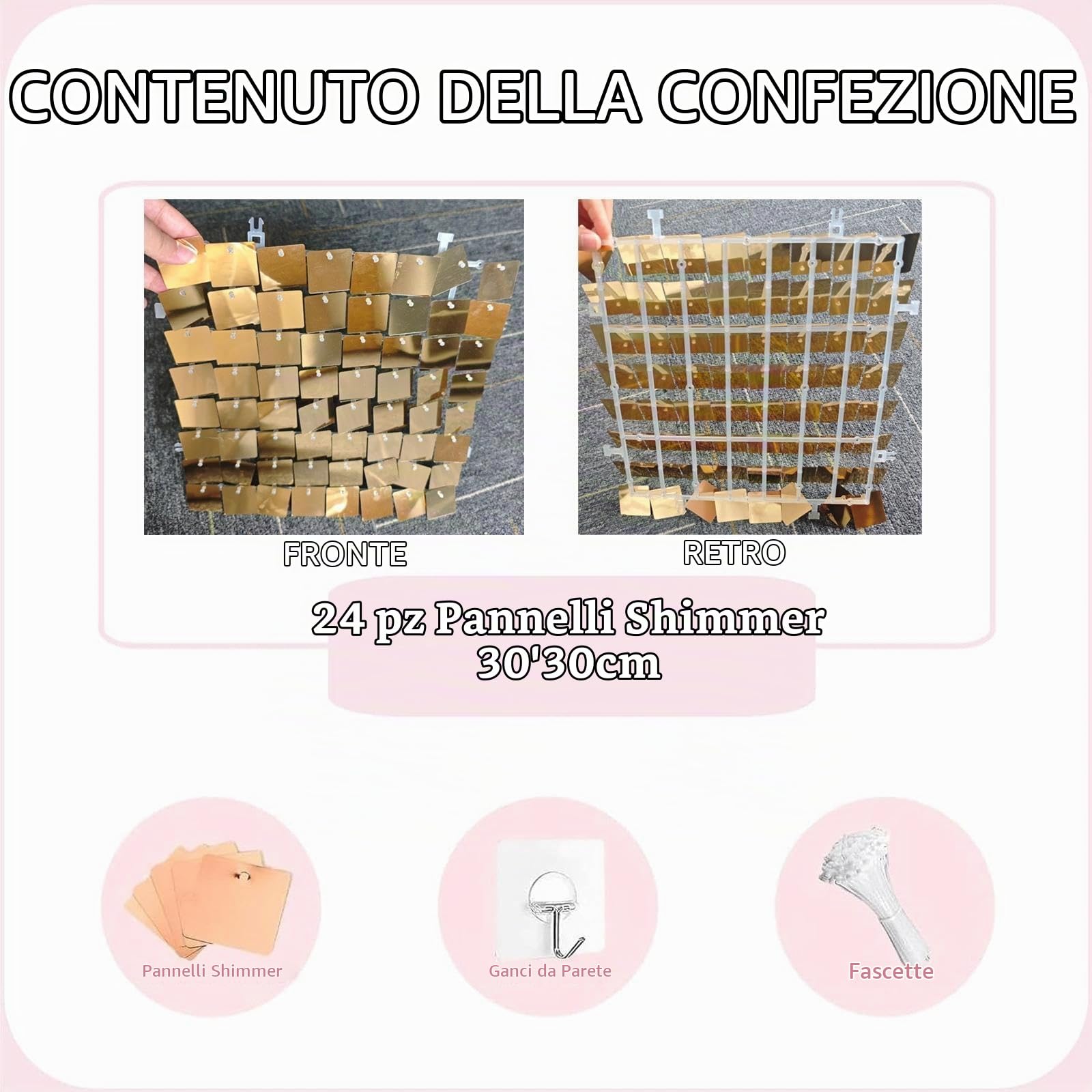 Fondale da parete color oro champagne luccicante, 30 cm x 30 cm, 24 pezzi, pannello da parete con paillettes, sfondi per foto, per matrimoni, anniversari, feste di compleanno, laurea (1,8 m x 1,2 m)