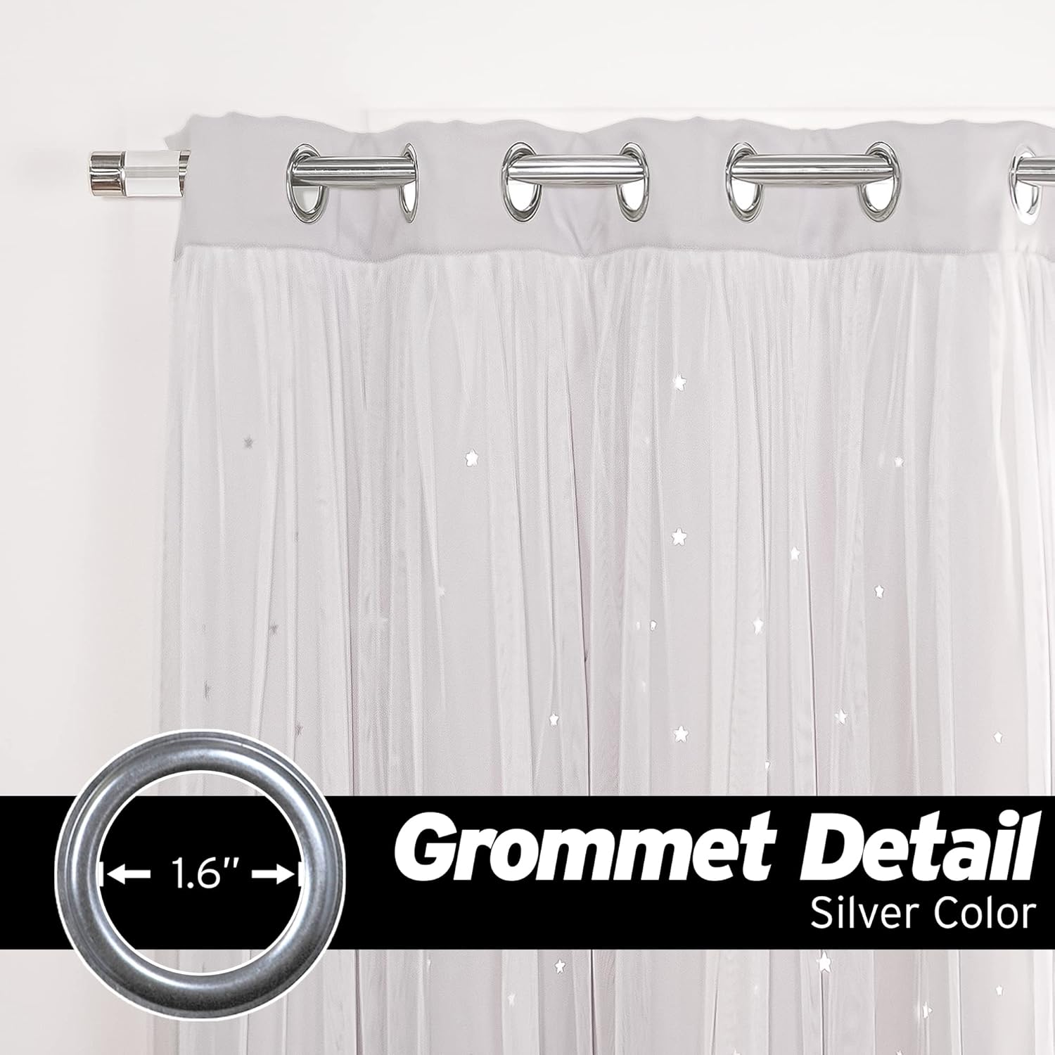 Best Home Fashion Set of 2 Tulle Overlay Star Cut Out Silver Grommet Curtains for Bedroom, Living Room, Kids Room, Sun Blocking Thermal Insulated Window Curtains (52" W x 84" L, Light Grey)