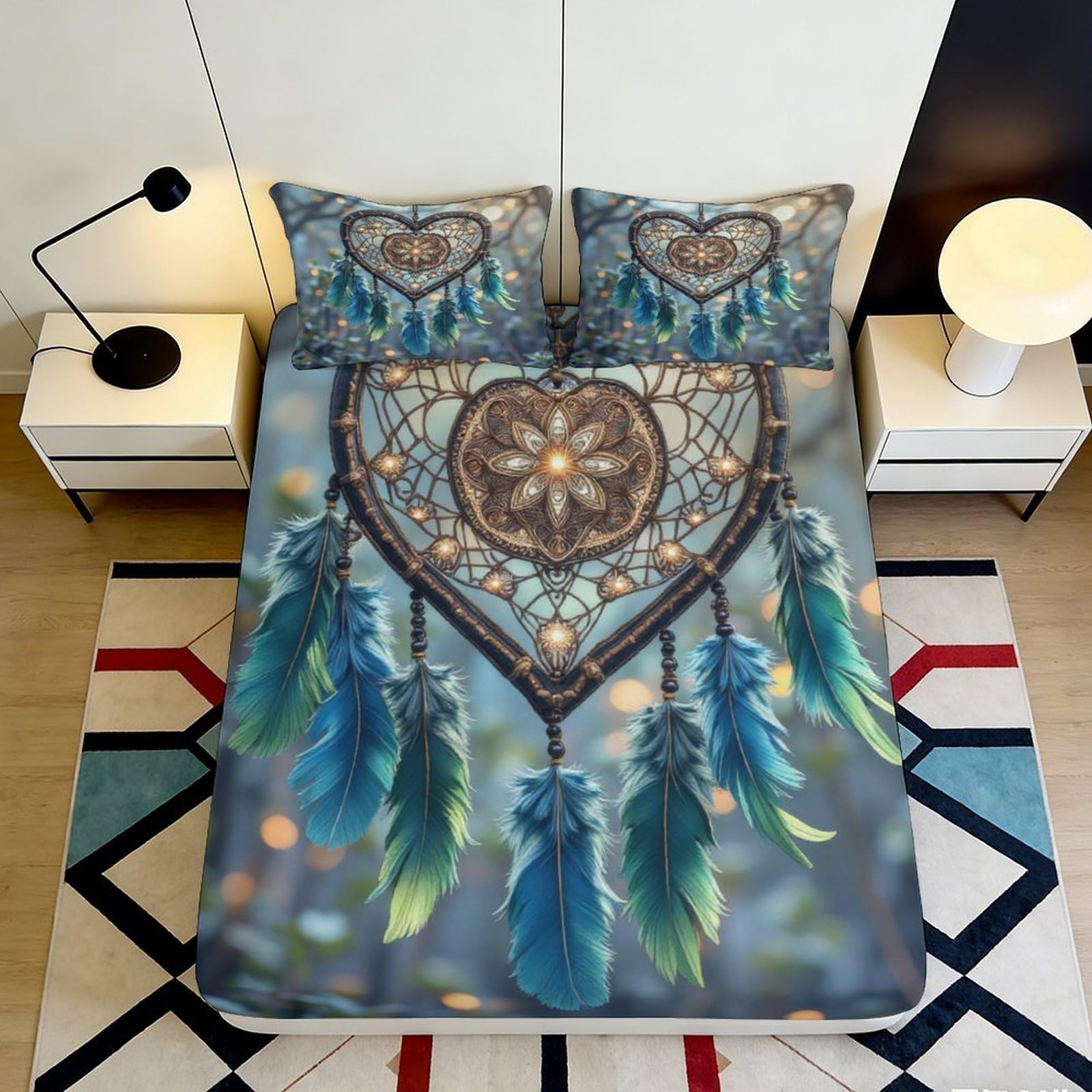 3D Printed Dreamcatcher Fitted Sheet Microfiber Soft Blue Feather Bed Cover for Bedroom Guest Room Decor 90x200x25cm