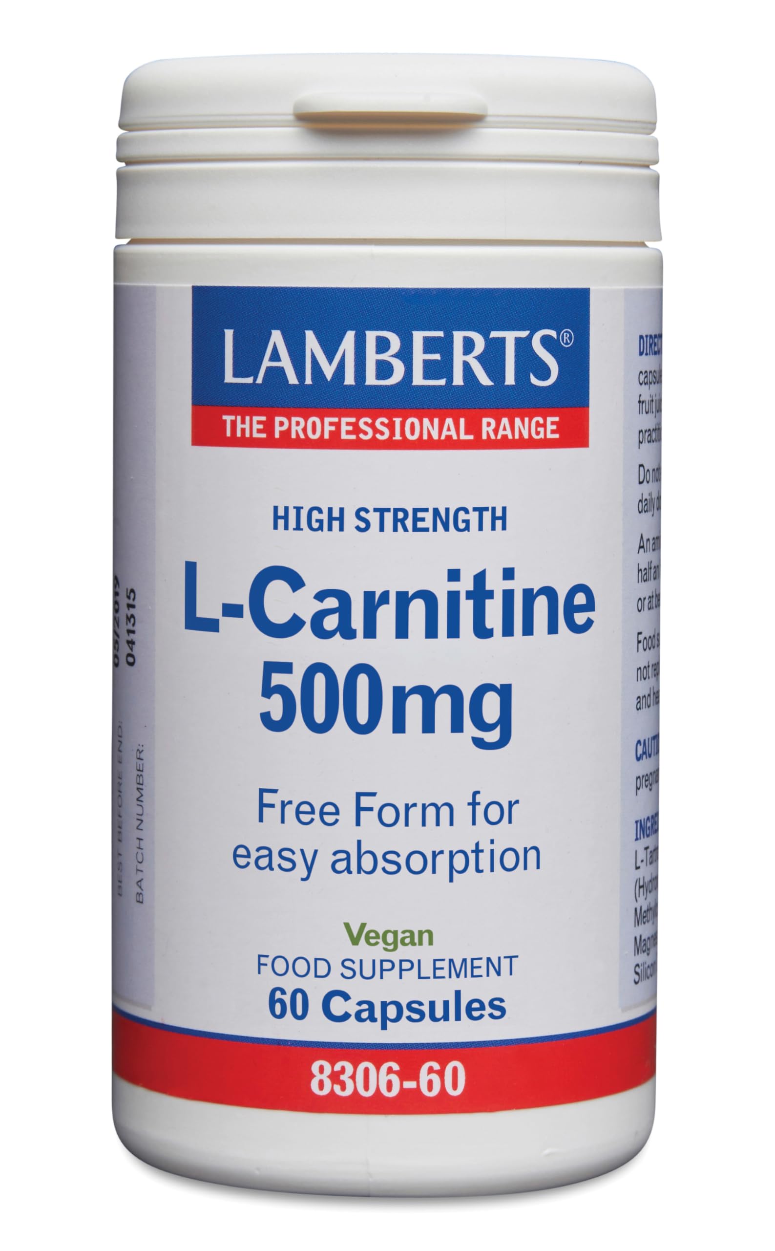 Lamberts L-Carnitina 500 mg | Forma Libre | Nutrición Deportiva | Alta Absorción | 60 Cápsulas | Calidad Farmacéutica GMP