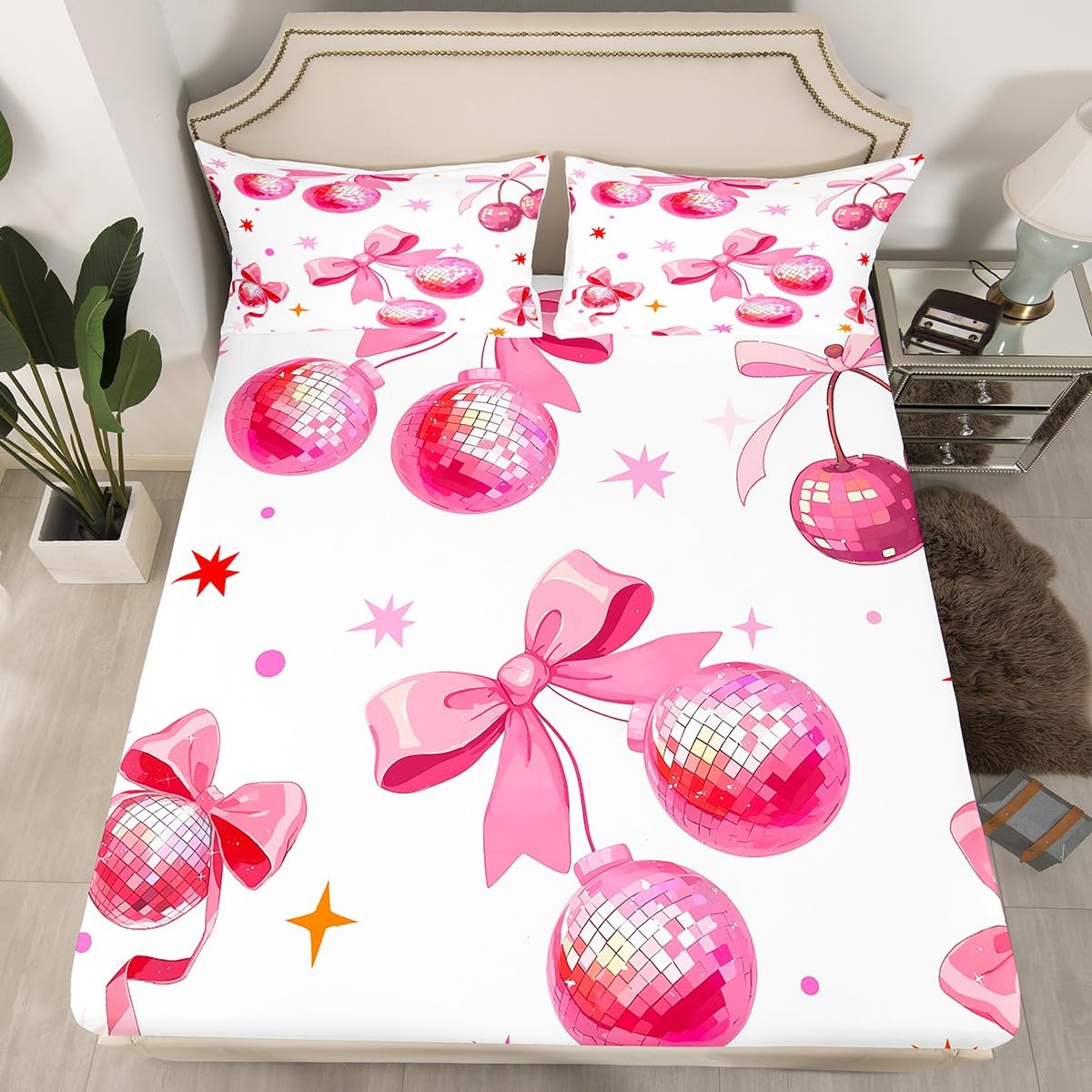 Drap-housse cerise pop années 70 lot de 2 pour matelas style princesse avec noeud