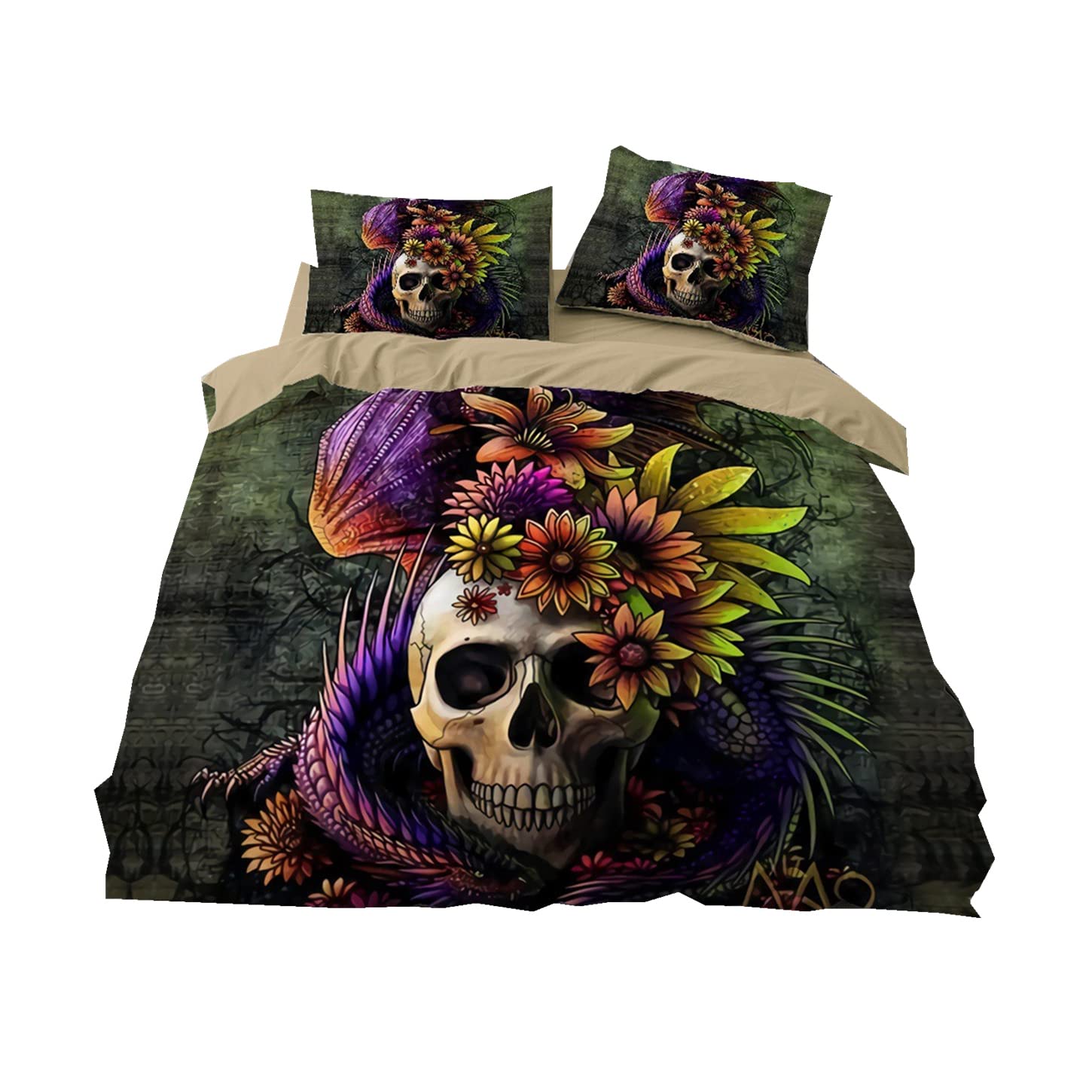 Set Copripiumino Gotico Teschio Fiori, Nero, Halloween, Microfibra 100% Poliestere, Con Federe, Taglie 135x200, 200x200, 220x240