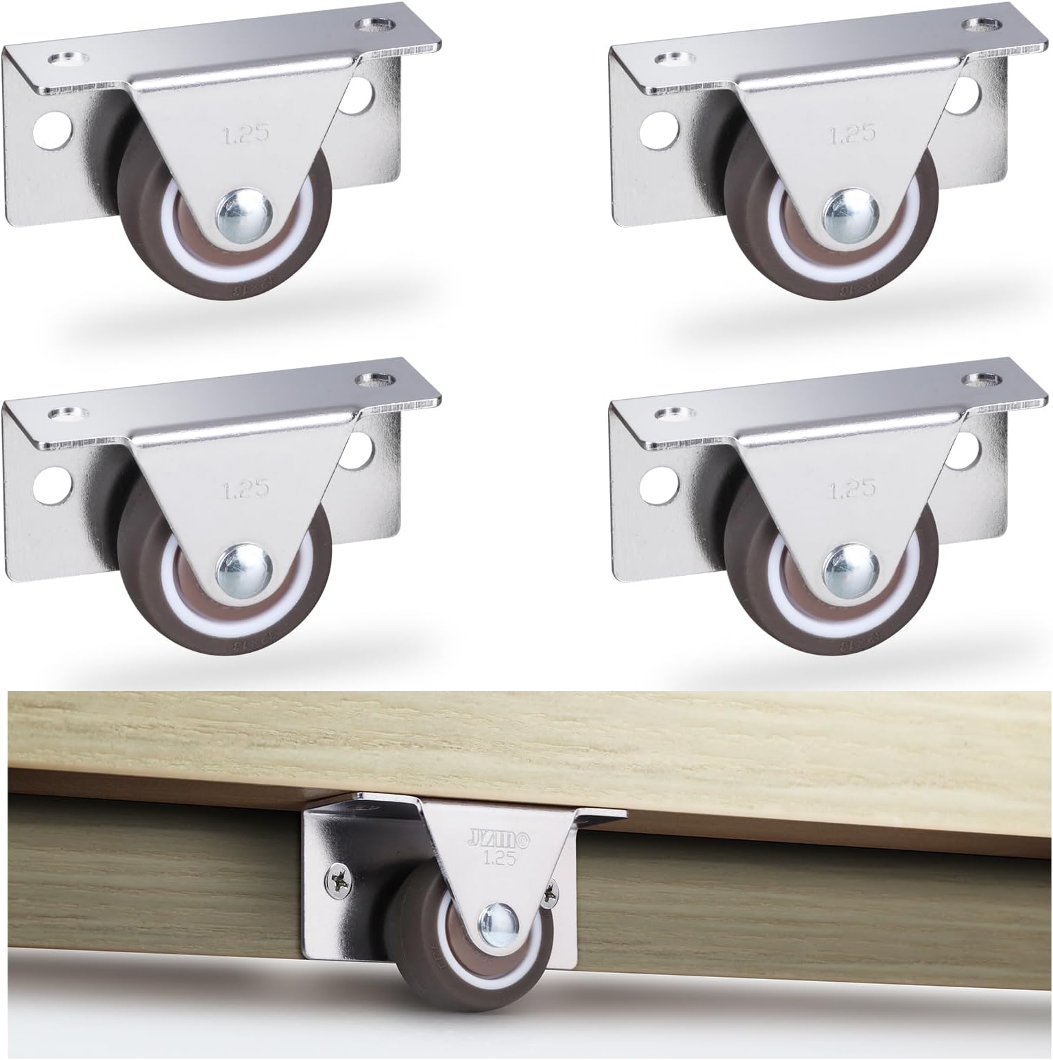 1-1/4 Inch Small Low Profile Casters Wheels Set of 4, Mini Side Mount Casters, Little Fixed Caster Wheels for Furniture, Drawers, Under Bed Storage Bins, DIY Project (Load 156Lbs/Set)