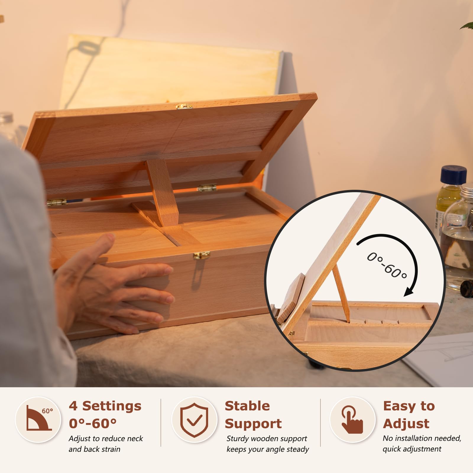 DJAR Caballete artístico de mesa con 3 cajones, portátil y ajustable de madera de haya, soporte de pintura para adultos y estudiantes