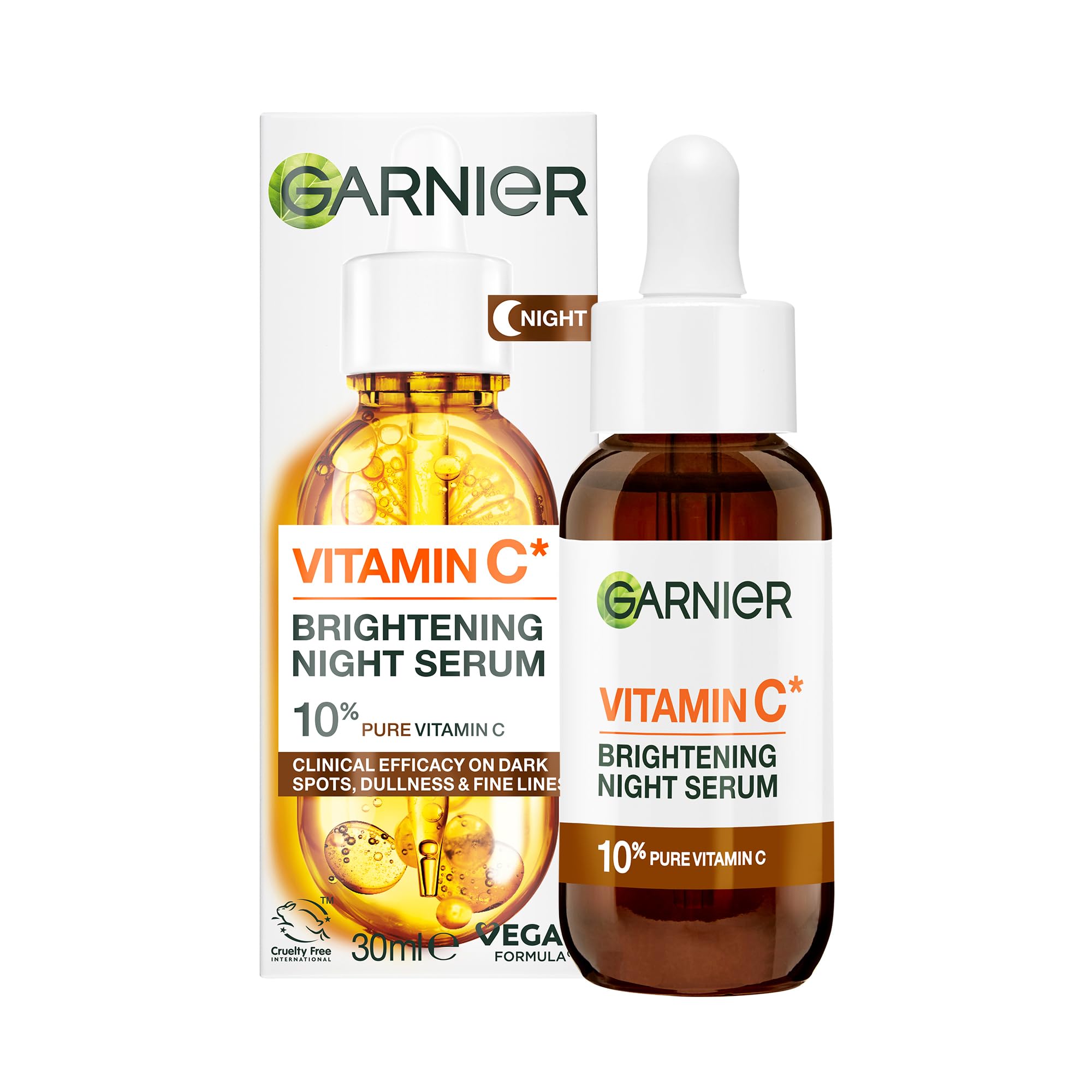 GarnierTargeted Anti Dark Spot Night Serum for Face, with 10% Pure Vitamin C & Hyaluronic Acid, Anti Pigmentation & Dullness, for All Skin Types, Approved by Cruelty Free International, Vegan, 30 ml