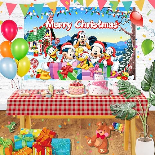 Miniatura 2 de Telón de fondo de Feliz Navidad para decoración de fiesta de Navidad de Mickey Mouse, fondo de casa de Navidad para decoración de mesa de tartas,