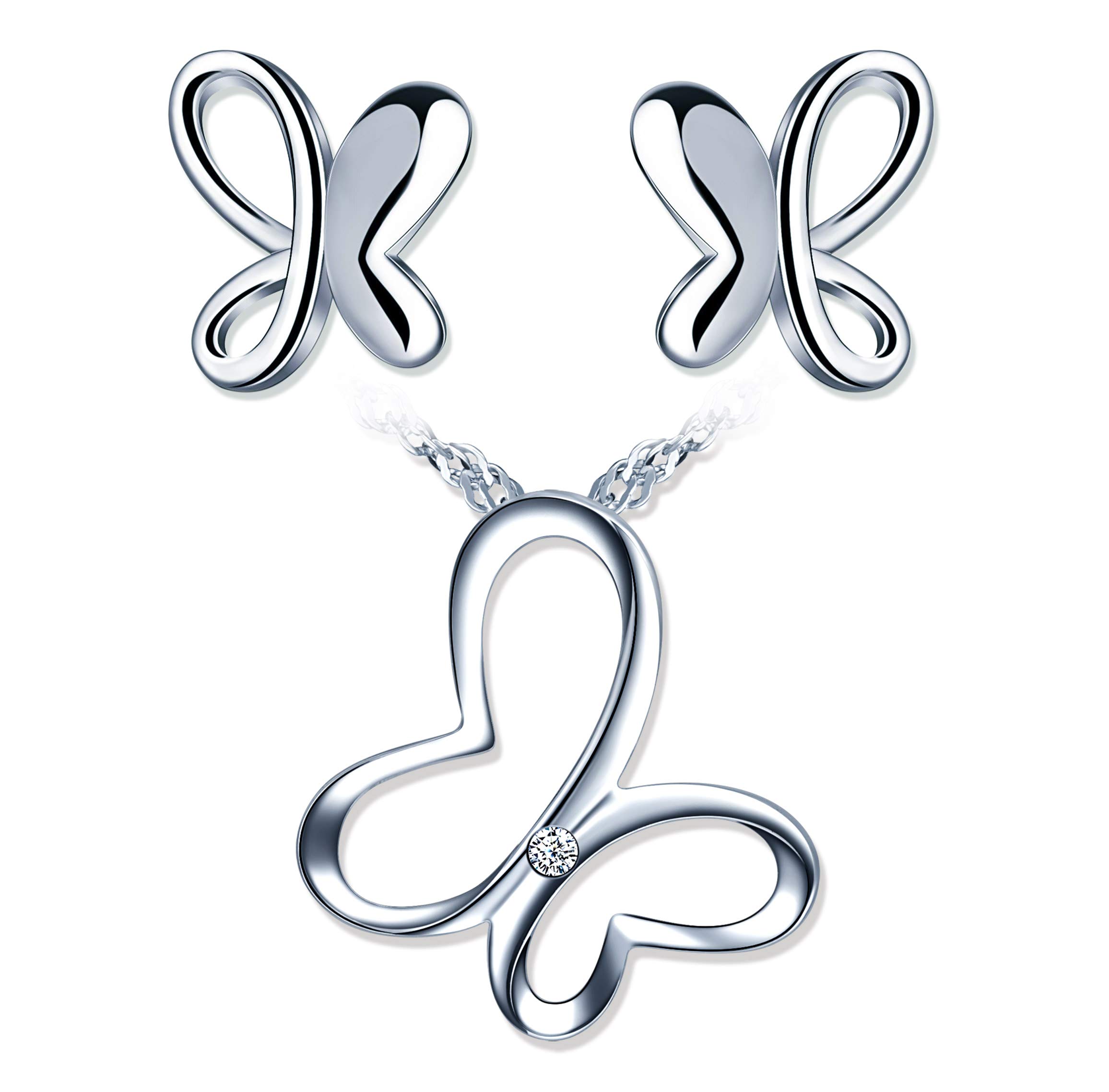 Yumilok Collar para mujer y mujer, pendientes con colgante de circonita y mariposa en plata de ley 925, oro rosa, conjuntos de joyas para mujeres y niñas