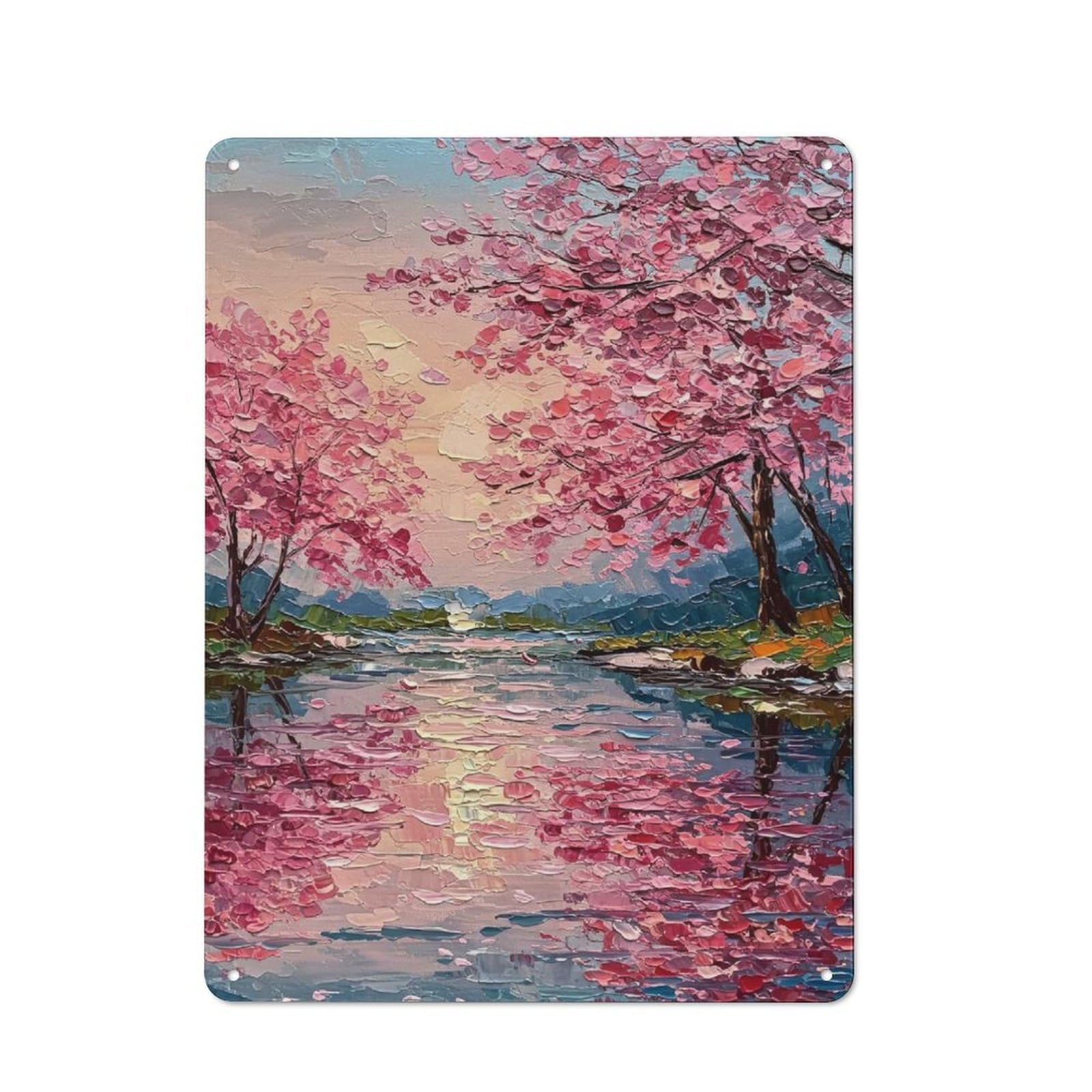 Junmoney Style-7 For Hobby Room Or Studio, Cherry Blossom River Oil Painting Retro Metal Sign 40X30cm, A Decorative Gift For A Newly Furnished Hobby Room And Studio