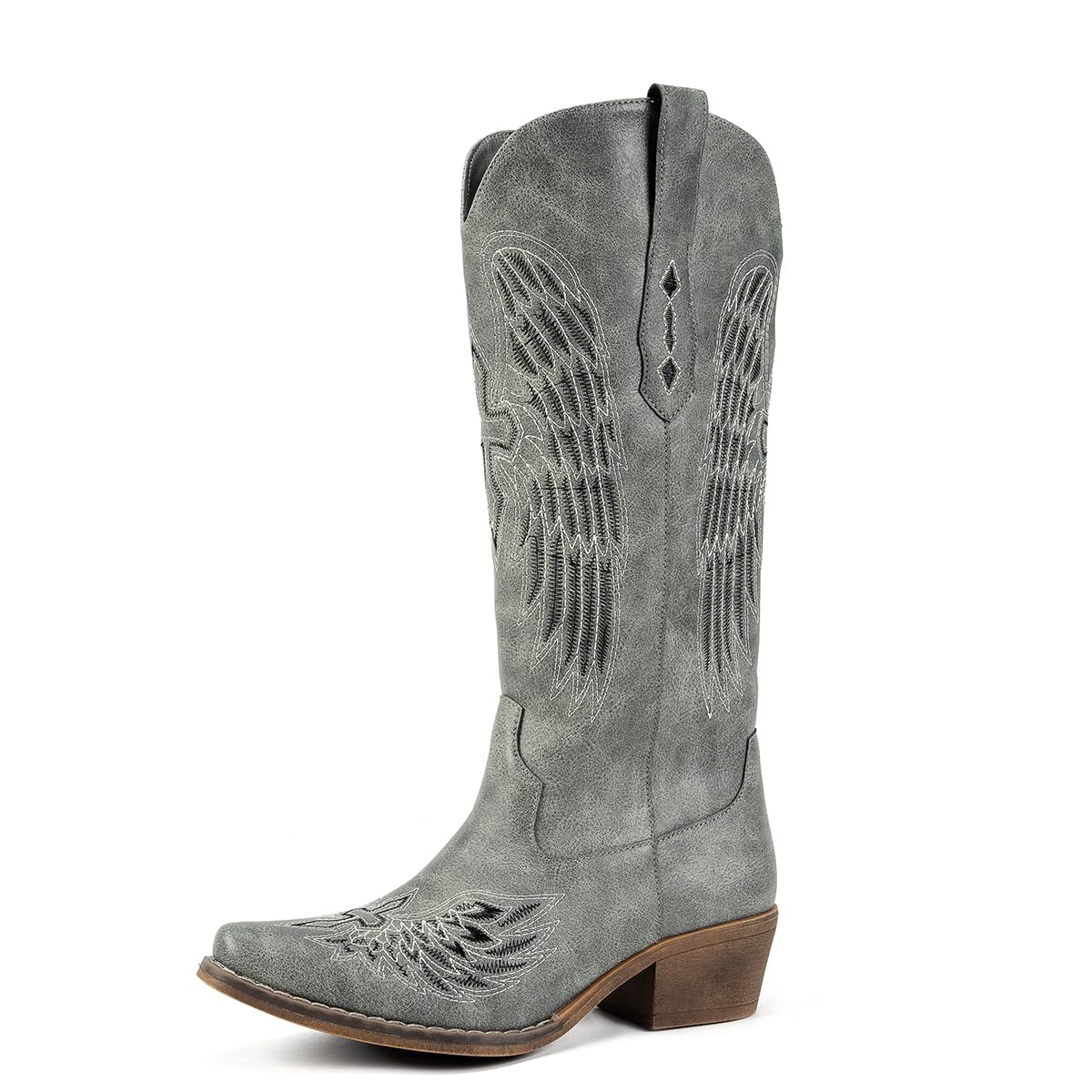 Chic Womens Embroidered Western Cowboy Boots Angel Wings Design Slip-On Mid-Calf Boots with Chunky Heel Vintage Cowgirl Boots