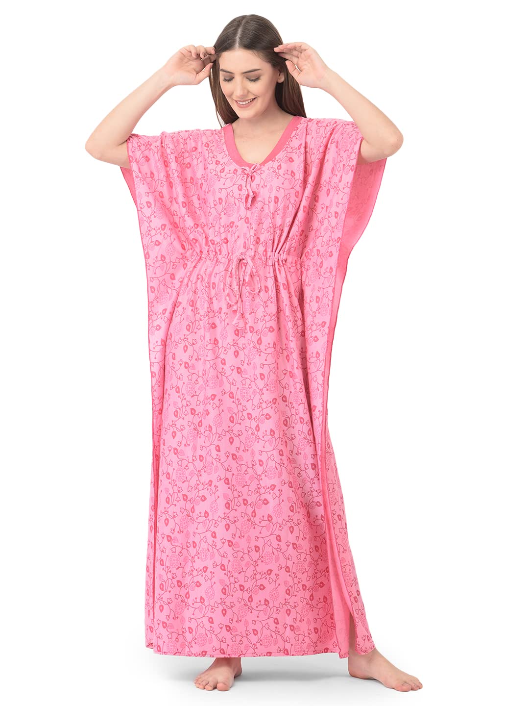 Women's Soft Cotton Kaftan Maxi Nightgown Nighty Nightdress Nightwear -V-Neck- Floral