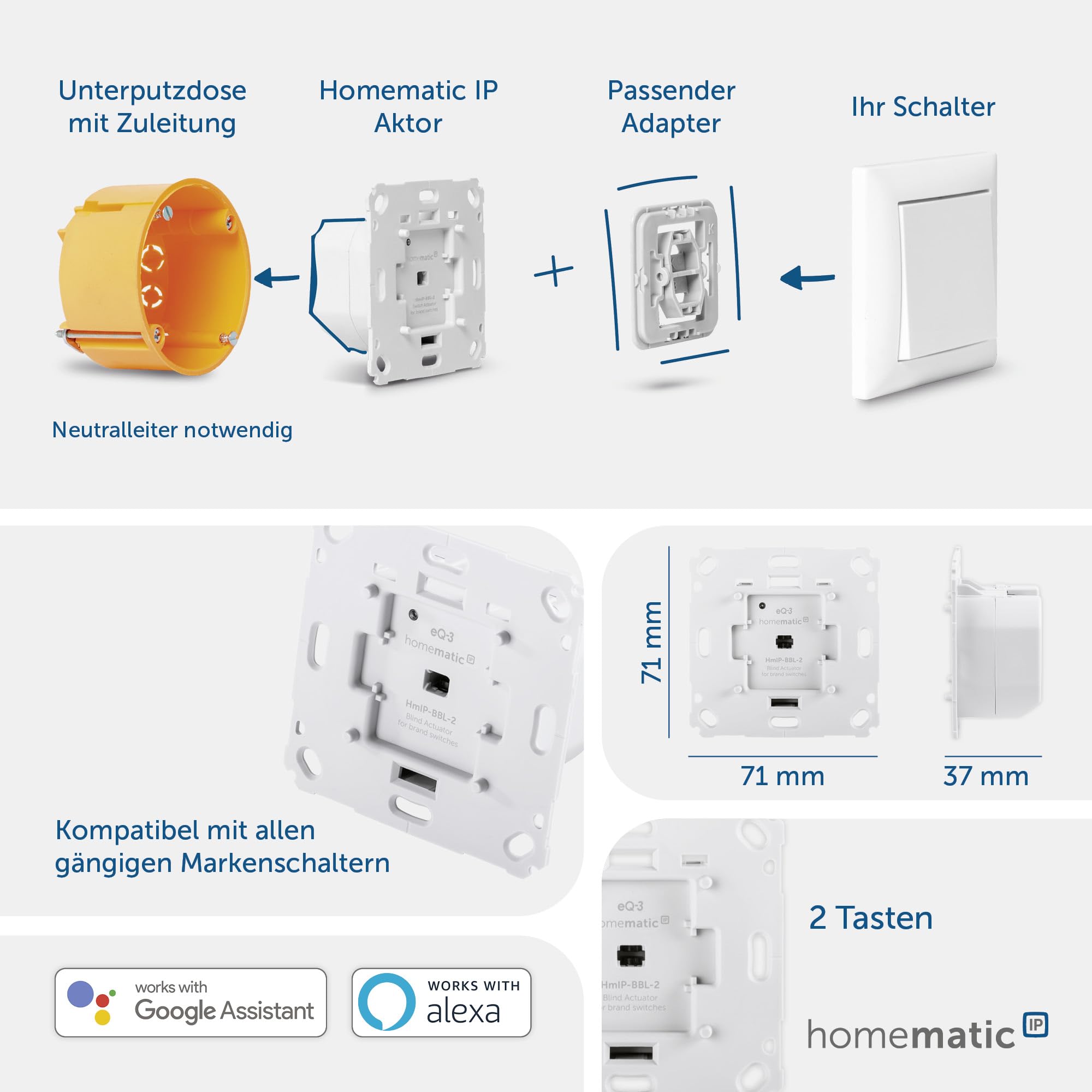 Homematic IP Smart Home Jalousieaktor für Markenschalter, digitale Steuerung von 1 Jalousie oder Raffstore, elektrische Jalousien nachrüsten, Steuerung per App, Alexa und Google Assistant, 151333A0