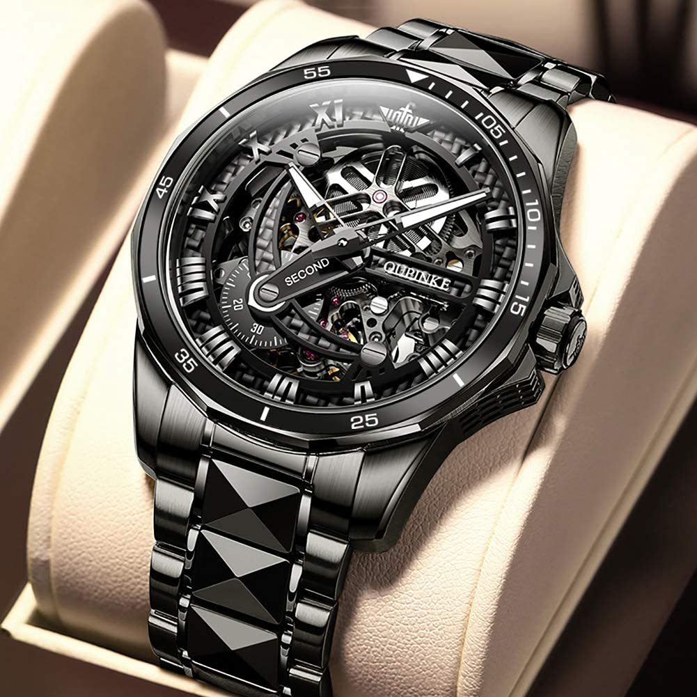 OUPINKE Reloj de pulsera automático para hombre, esqueleto plateado, esfera luminosa 3D con correa de acero de tungsteno luminosa impermeable de 5 ATM, cristal de zafiro, dos tonos, Correa negra,