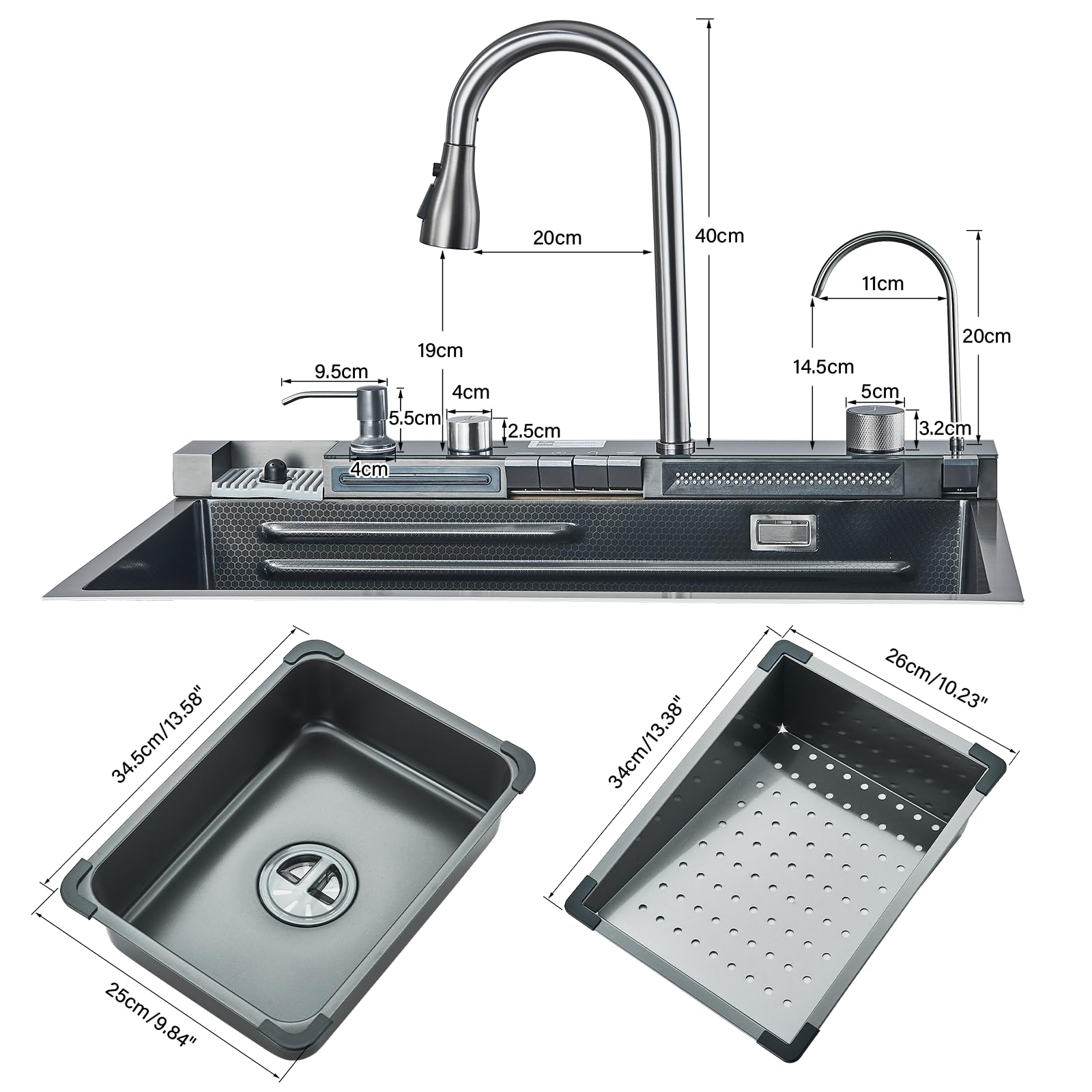 Évier de cuisine en acier inoxydable Évier de cuisine à cascade Évier multifonctionnel à affichage numérique avec nouveau robinet à double mode et accessoires multiples