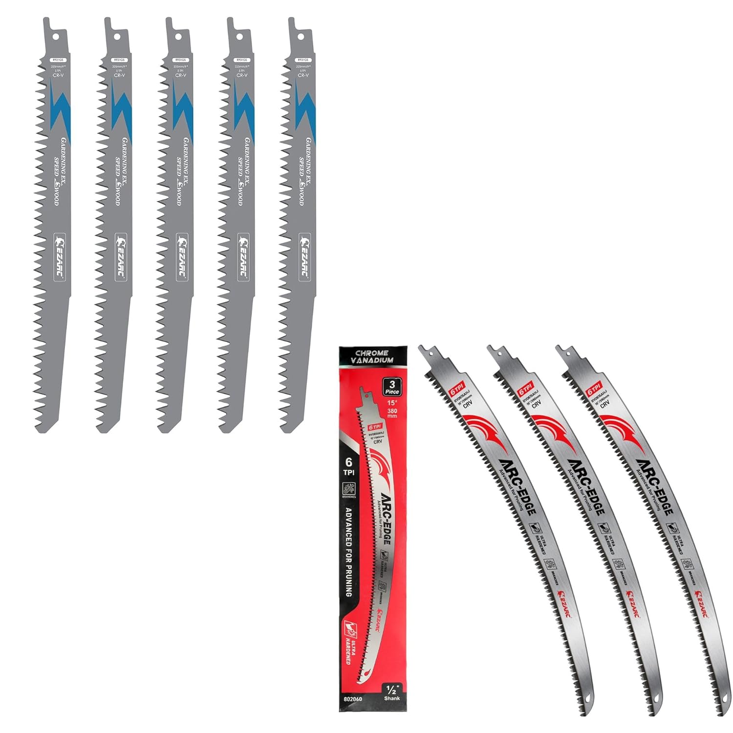 EZARC Japanese Teeth Reciprocating Saw Blade 15 Inch, Arc Edge Wood Pruning Saw Blades 6TPI for Tree Trimming 3 PC/9-Inch R931GS 5TPI (5PC)